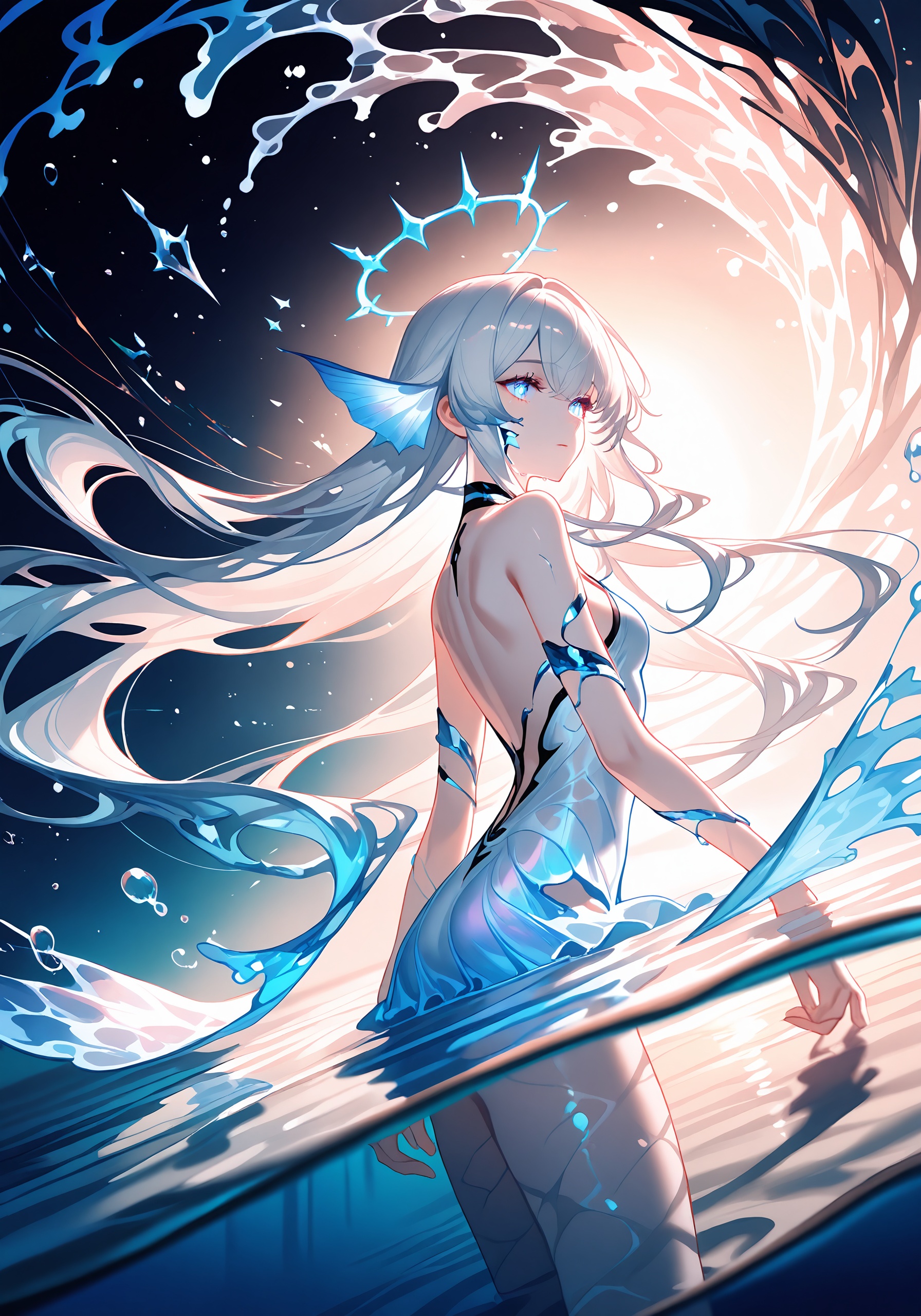 distorted faces, surreal textures, melting forms, twisted limbs, dark haze, smoky gradients, glitch artifacts, static noise, fragmented anatomy, warped reality, floating eyes, abstract shadows, surreal colors, dreamlike distortions, ethereal tendrils, fading outlines, double vision effect, layered ghosting, eerie glow, shadowed hollows, cracked skin texture, warped reflections, distorted light, fragmented space, broken geometry, unstable perspective, flickering pixels, vibrating edges, spectral noise, chaotic lines, glitch shards, shadow flicker, deconstructed forms, dissolving textures, phantasmal shapes, dark gradients, ambiguous forms, shadow gradients, uneasy atmosphere from, BREAK, concentric ripples, circular waves, water droplets, kinetic fluid motion, refracted light, reflective surfaces, dynamic water flow, smooth gradients, liquid reflections, soft color transitions, overlapping waves, flowing shapes, wet sheen, shimmering highlights, transparent layers, smooth undulation, liquid texture, mirrored reflections, wave interference, glowing edges, translucent water, iridescent surface, slow motion splash, soft surface tension, blurred water motion, fluid distortion, water halos, transparent ripples, dynamic waves, soft diffusion, overlapping transparencies, ripple textures, slow moving currents, surface tension details, water glow, fluctuating light, aquatic gradients, BREAK, bioluminescent glow, glowing plankton, deep blue gradients, underwater shafts, drifting particles, subtle light rays, translucent fins, rippling water light, shadowy silhouettes, underwater flora, soft light diffusion, glowing coral, fluid motion, dynamic currents, floating bubbles, light refraction, aquatic plants, translucent textures, shimmering water surface, soft glow, deep ocean blues, suspended particles, subtle sparkle, diffused shadows, radiant algae, aquatic biomes, glowing tentacles, floating light spheres, soft reflections, underwater haze, flickering light, marine textures, gentle waves, ambient underwater light, soft currents, phosphorescent bloom, BREAK, 1girl, solo, (sapphire eyes:1.4, white hair:1.4, straight hair, long hair, small breasts), masterpiece, best quality,<lora:Colored_Graphite_Scratches_ichi_sk-000008:1.0> <lora:il_contrast_slider_d1:-0.5> <lora:il_saturation_slider_d1:-0.3>