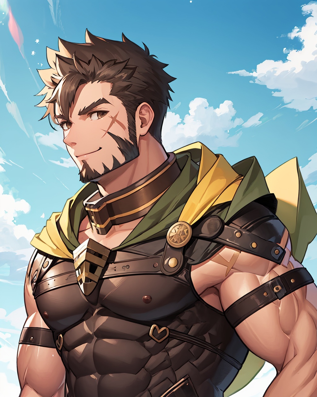 masterpiece,best quality, highly detailed, heracles (housamo),solo, 1boy, long sideburns, muscular male, goatee, bara, smile, chest harness, large pectorals, mature male, upper body, cross scar,<lora:heracles_(housamo):1>