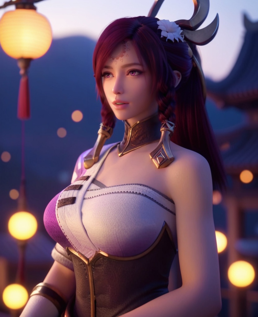 (oriental architecture, elegant decor, sophisticated style:1.1),(breakdance freeze:1.1),(large breasts:1.2),<lora:XL王者荣耀伽罗:0.95>,miss jialuo,purple right side robe layered on top of white sarashi,red hair,ponytail,twin braids,hair ornament,hair tubes,detached collar,armored dress,forehead mark,bangs,purple eyes,hair flower,white thighhighs,(veil:1.1),, score_9,score_8_up,score_7_up,score_6_up,score_5_up,score_4_up,3d rendering,tag1,tag2, Cinematic Lighting,backlighting,, zPDXL3, zPDXL2,zPDXL, zPDXLxxx, zPDXLrl,