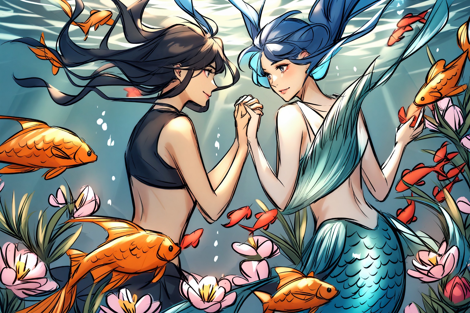 holding hands,  flower,  black hair by 豆米呀 on Tensor.Art