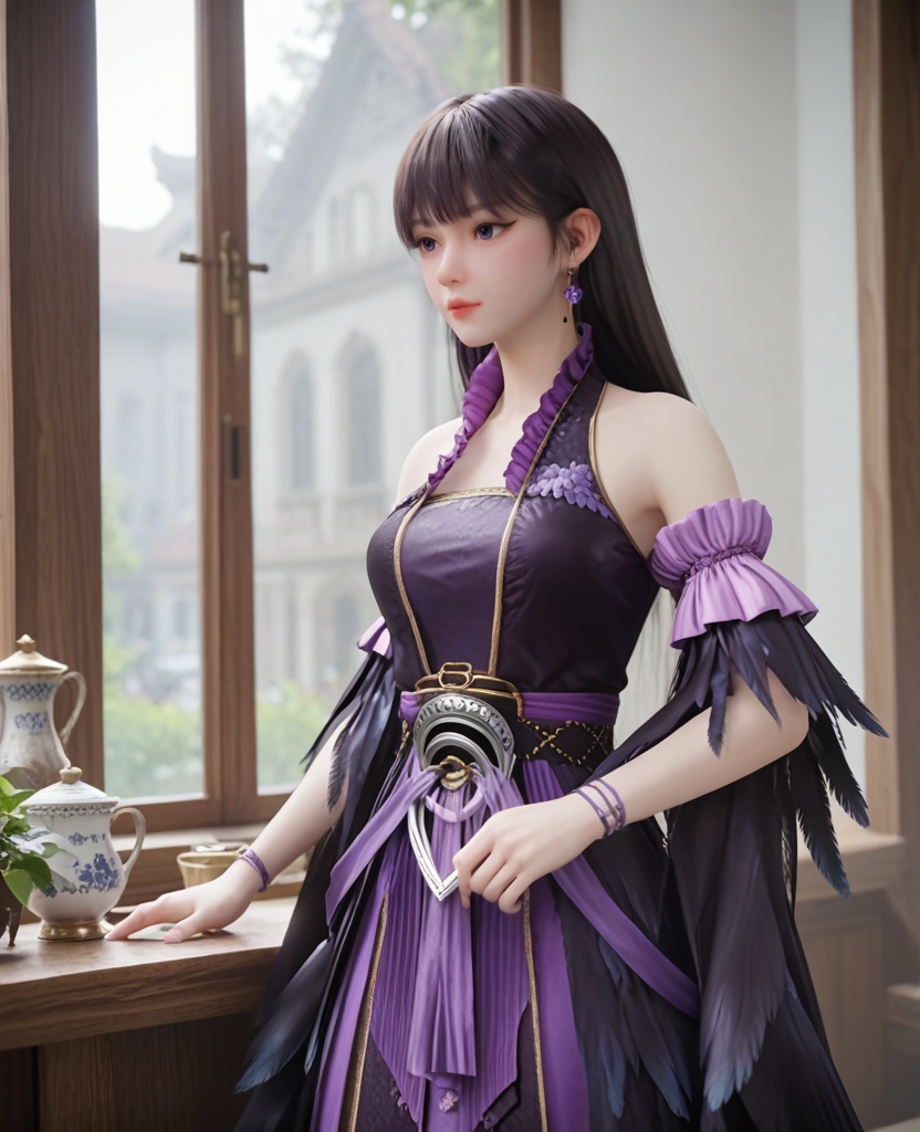 (oriental architecture, elegant decor, sophisticated style:1.1),(Standing near a window, with a cup of coffee, enjoying a peaceful and quiet morning,:1.1),(breasts:1.2),<lora:XL修罗武神大蛋蛋:0.95>,miss dandan,black dress,belt,purple frills,bare shoulders,black hair,bangs,long hair,earrings,detached sleeves,feather trim,pelvic curtain,feathers fart curtain with purple petticoat underneath,bracelet,, score_9,score_8_up,score_7_up,score_6_up,score_5_up,score_4_up,3d rendering,tag1,tag2, Cinematic Lighting,backlighting,