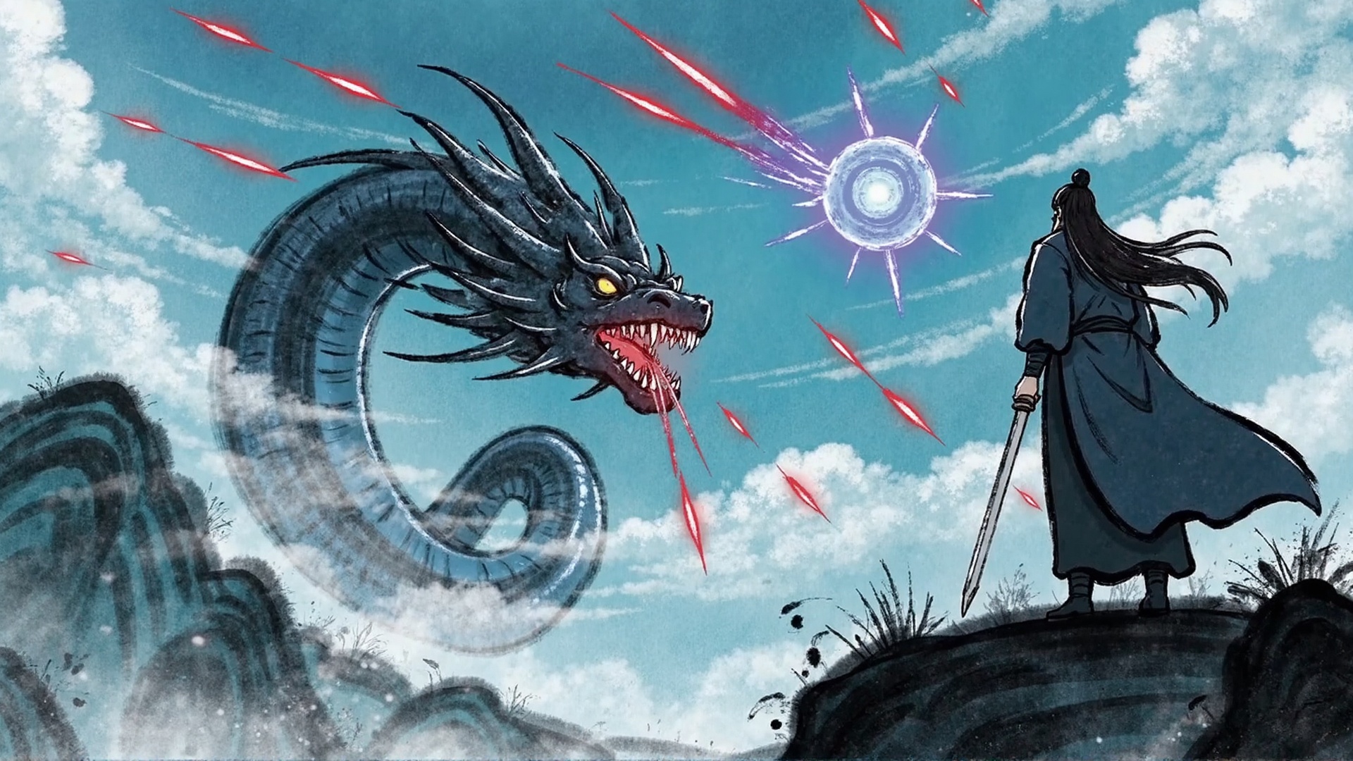 Manga style,gufeng,a giant evil snake demon,an immortal Taoist priest,venom,spell,sword,mountains,mountains,sky,detailed,amazing quality,manga style,