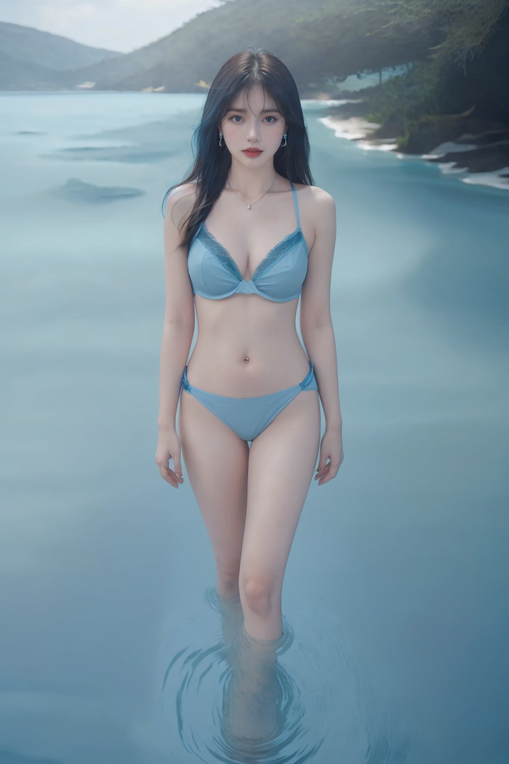 1girl, babydoll, breasts, brown hair, cleavage, collarbone, cowboy shot, earrings, hair ornament, jewelry, lingerie, lips, long hair, looking at viewer, makeup, navel, navel piercing, necklace, panties, parted lips, ribbon, see-through, solo, standing, underwear, very long hair,beach, blue sky, boat, caustics, cloud, cloudy sky, pool, poolside, river, sand, scenery, seagull, shore, sky, soaking feet, standing on liquid, wading, walking on liquid, water, watercraft, waves,(Pure blue sea:2)<lora:比基尼:0.66>