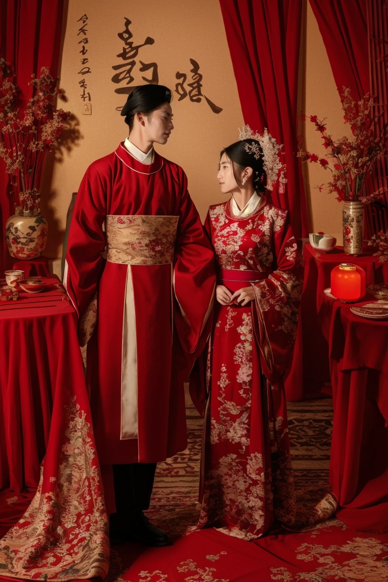((HRD, HUD, 8K)),((masterpiece, best quality)), highly detailed, soft light,WEDDING, chinese text, long sleeves, chinese clothes, black hair, red theme, curtains, standing, hanfu, indoors, 1girl, 1boy, hair ornament, multiple girls, painting (object), dress, boots, holding, full body, flower, mask, realistic, <lora:20240407-1712491685411:0.8>