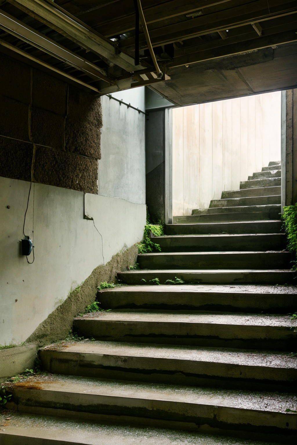 Camera film style,an old,weathered staircase leading to an upper floor of a building. The staircase,made of concrete,displays signs of wear and tear,with patches of moss and discoloration. Adjacent to the staircase is a section of the building with exposed brickwork,revealing underlying structures. A large fan is mounted on the wall,suggesting the need for cooling in the building. A lush green plant is growing beside the staircase,adding a touch of nature to the urban setting,, masterpiece,best quality,