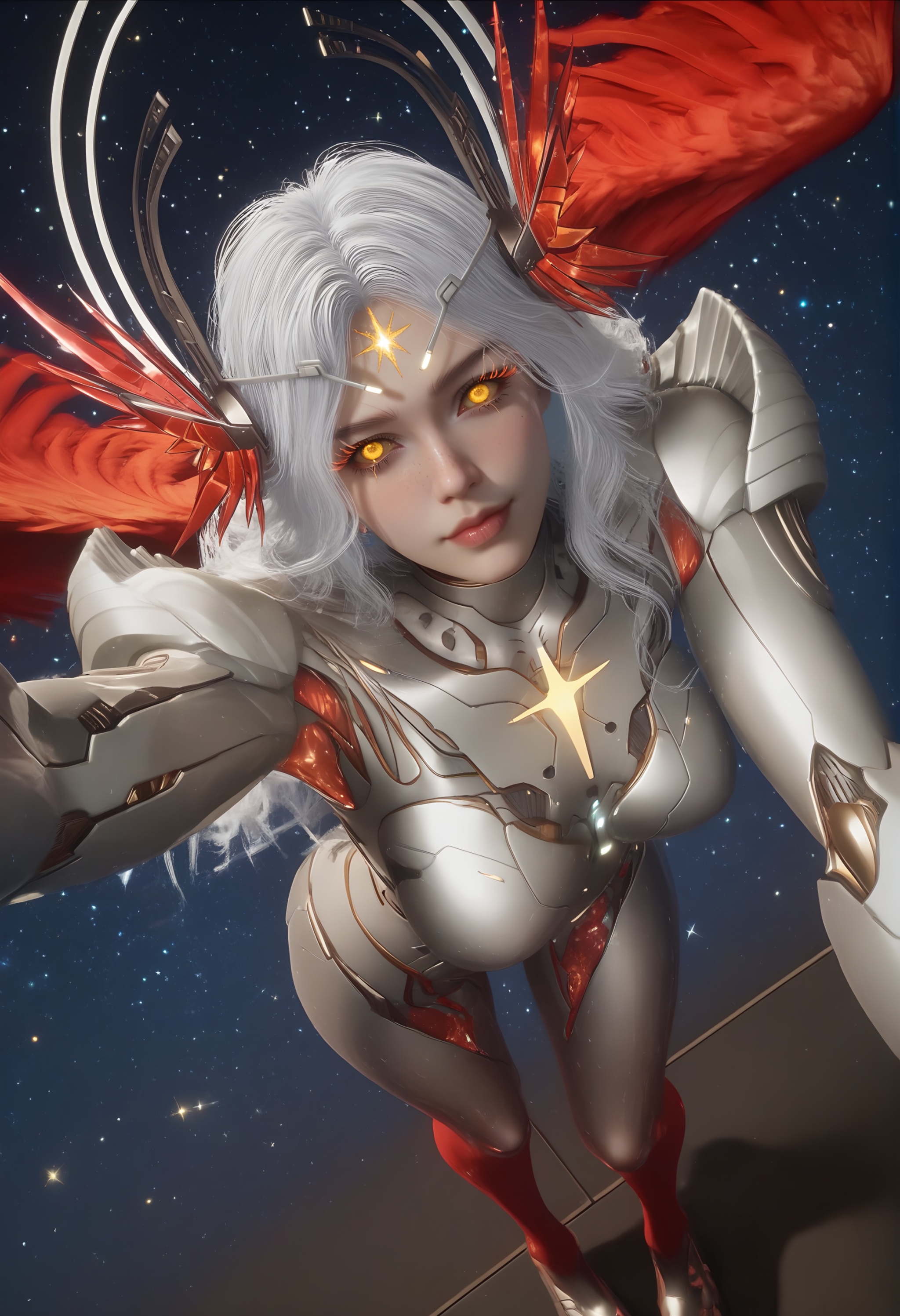 (score_9),standing,<lora:星幻王-apony-000009:0.83>,mechanical angel,xinghuanwang,1girl,solo,joints,ringed eyes,long eyelashes,freckles,hair ornament,long hair,white hair,glowing markings,glowing eyes,yellow eyes,Metallic horn-like ornament,blending feathers and mechanical parts,power armor,shoulder armor,wings,feathered wings,red wings,large_wings,legs,cybernetic legs,calf,glowing veins on calf,lower leg,cybernetic calf,bare legs,mature_female,BREAK<lora:Expressive_H-000001:0.78>,light blush,Expressiveh,ringed eyes,looking at viewer,front view,dutch angle,dynamic_angle,from above,selfie,v sign,closed mouth,fair_skin,(pale skin),(sweaty_skin),BREAKsimple background,<lora:e色温:0.25>,sparkle,blurry background,star \(symbol\),starry sky,star \(sky\),universe,hyper_galaxy,4K ultra HD,sharp focus,high detail,high contrast,