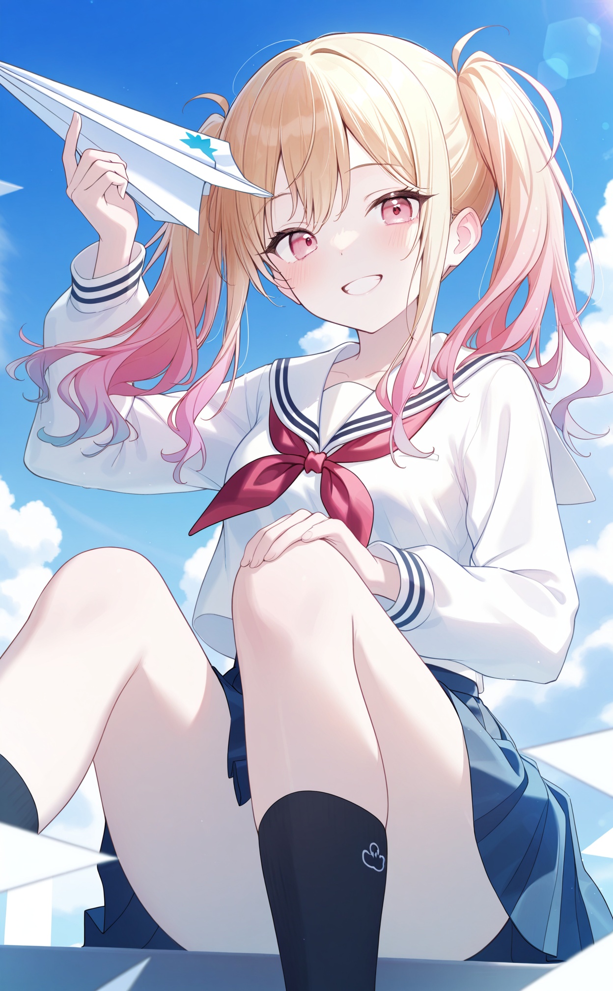 masterpiece,very aware,(highres),absurdres,newest,best quality,high quality,chromatic_aberration,White Theme,lightblue Theme,//,1girl, paper airplane, solo, twintails, skirt, white sailor collar, blonde hair, smile, red neckerchief, pink hair, school uniform, sailor collar, blue skirt, holding, neckerchief, shirt, pleated skirt, multicolored hair, looking at viewer, long hair, pink eyes, white shirt, long sleeves, serafuku, gradient hair, sky, sitting, cloud, black socks, socks, grin, blue sky, miyamasuzaka girls' academy school uniform, colored tips, sidelocks, triangle, hand on own knee, blush, day//,absurdres,newest,very aesthetic,amazing quality,highres,sensitive,ultra detailed,best anatomy,HDR,8K,high detail RAW color art,high contrast,illustration,depth of field,(colorful),phenomenal aesthetic,detailed light,blurred picture,Tyndall effect,contrast,lens flare,cinematic lighting,//,<lora:timmoo——【noob】hans:1>,
