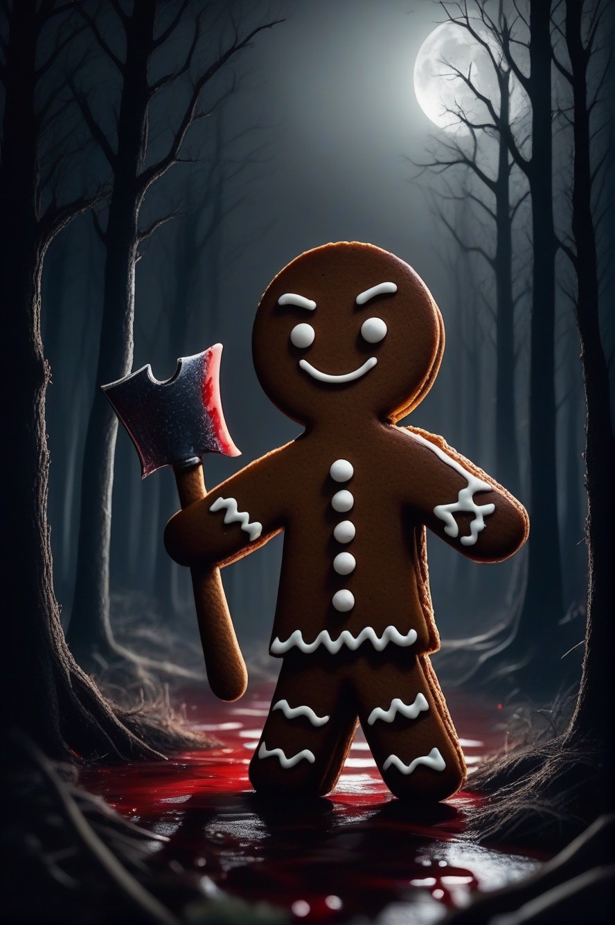 Dark fairy tales,A gingerbread man wielding an axe in a forest at night,with blood splatters and moonlight casting eerie shadows.,