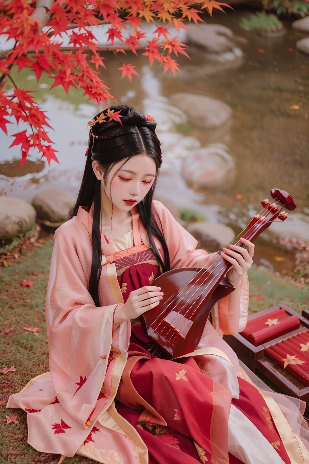 hanfu, maple leaf, guzheng, 1girl, solo, long hair, black hair, long sleeves, closed mouth, closed eyes, flower, outdoors, leaf, sleeping, red lips, playing instrument, lying, makeup, realistic, updo,  <lora:guzhuangfengye:0.8>