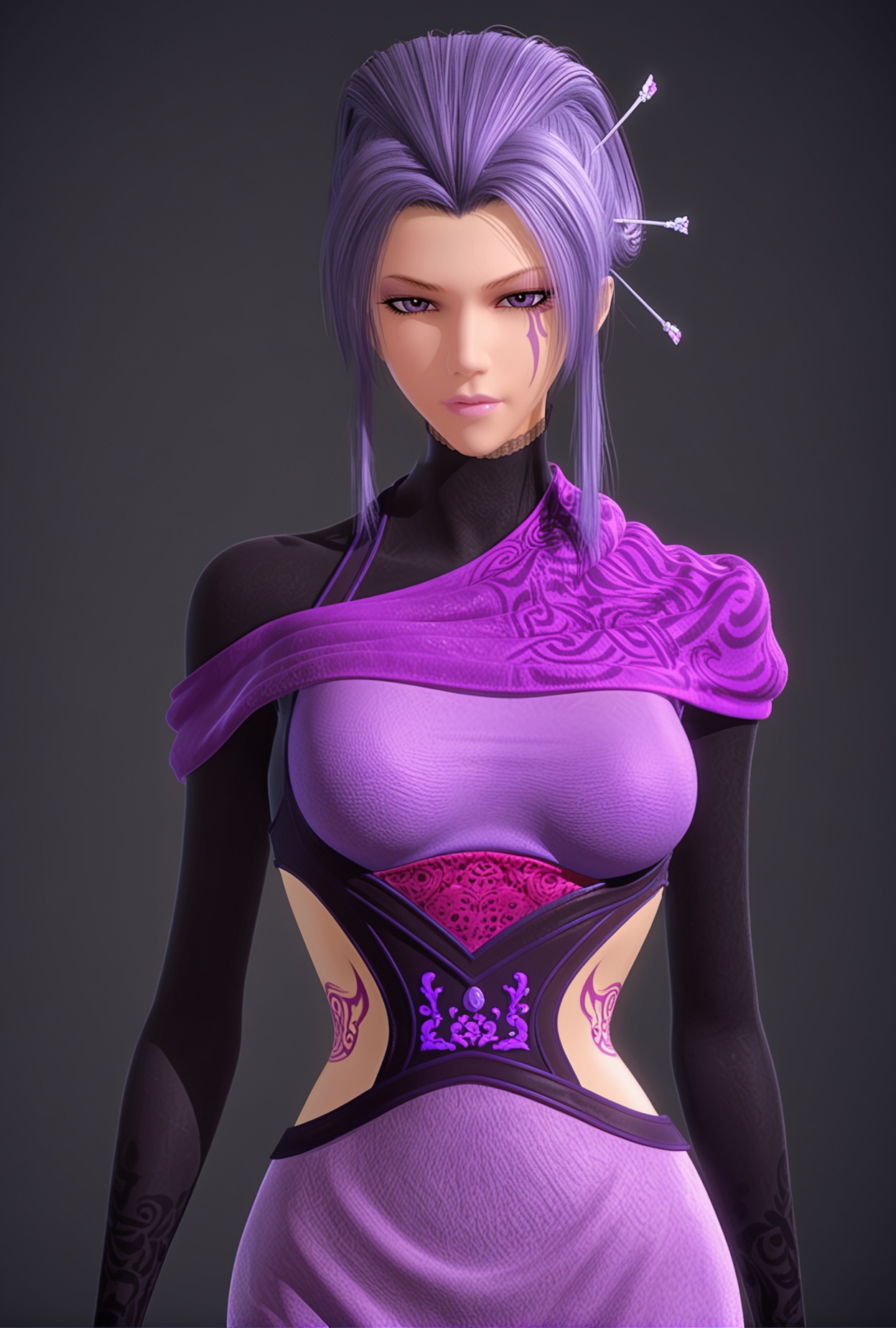 (perfect_anatomy:1.1),standing,(cowboy shot:1.1),<lora:YQ_pony_zinv_V5:0.8>,1girl,q1528437228,solo,purple hair,makeup,hair ornament,purple eyes,lips,tattoo,dress,hair stick,hair bun,(facial mark:1.1),sidelocks,single hair bun,short hair,purple dress,bodysuit,purple lips,bridal gauntlets,facial tattoo,(looking_at_viewer:1.1),perfect_anatomy BREAK perfect_anatomy,solo focus,(score_9:1.2),masterpiece,(best quality:1.1),(simple background,pure black background,black background:1.1),perfect_anatomy,