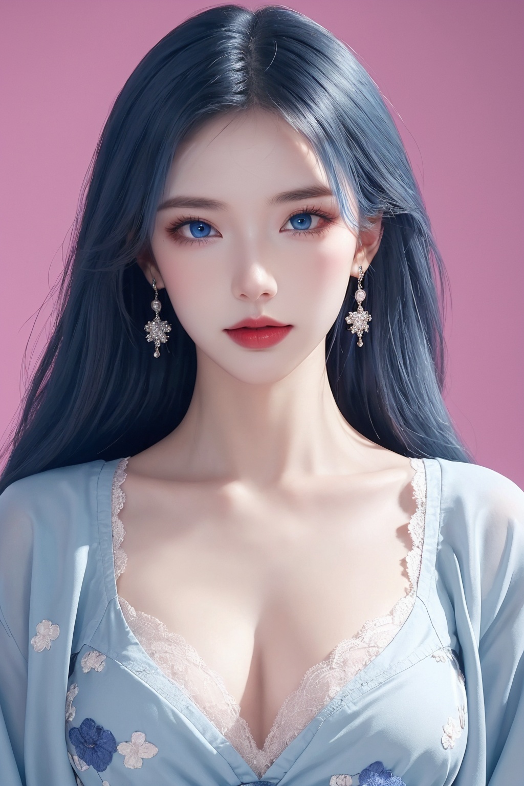 1girl, blue eyes, blue hair, bra, breasts, cleavage, collarbone, earrings, floral print, grey background, jewelry, lace, lace-trimmed bra, lace bra, lace trim, large breasts, long hair, looking at viewer, solo, underwear, upper body ,(blue eyes and blue hair beauty:1.2)  <lora:蓝色:1>