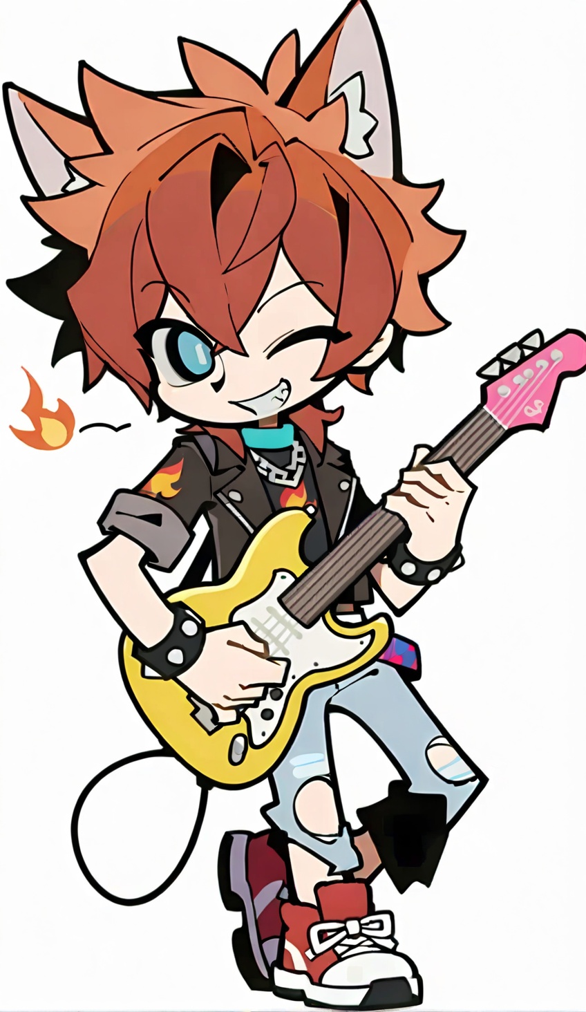 QBJS,Q-version character,1boy,solo,red hair,white background,no socks,one eye closed in a playful way,high-top sneakers,spiky hair,chibi,leather jacket,wolf ears,mischievous grin,short sleeves,full body,spiky bangs,flame (symbol),chain necklace,red sneakers,ripped jeans,simple edgy look,plain white,holding a guitar,looking at viewer,studded bracelet,black t-shirt,jacket open,chibi,<lora:lora:1>,