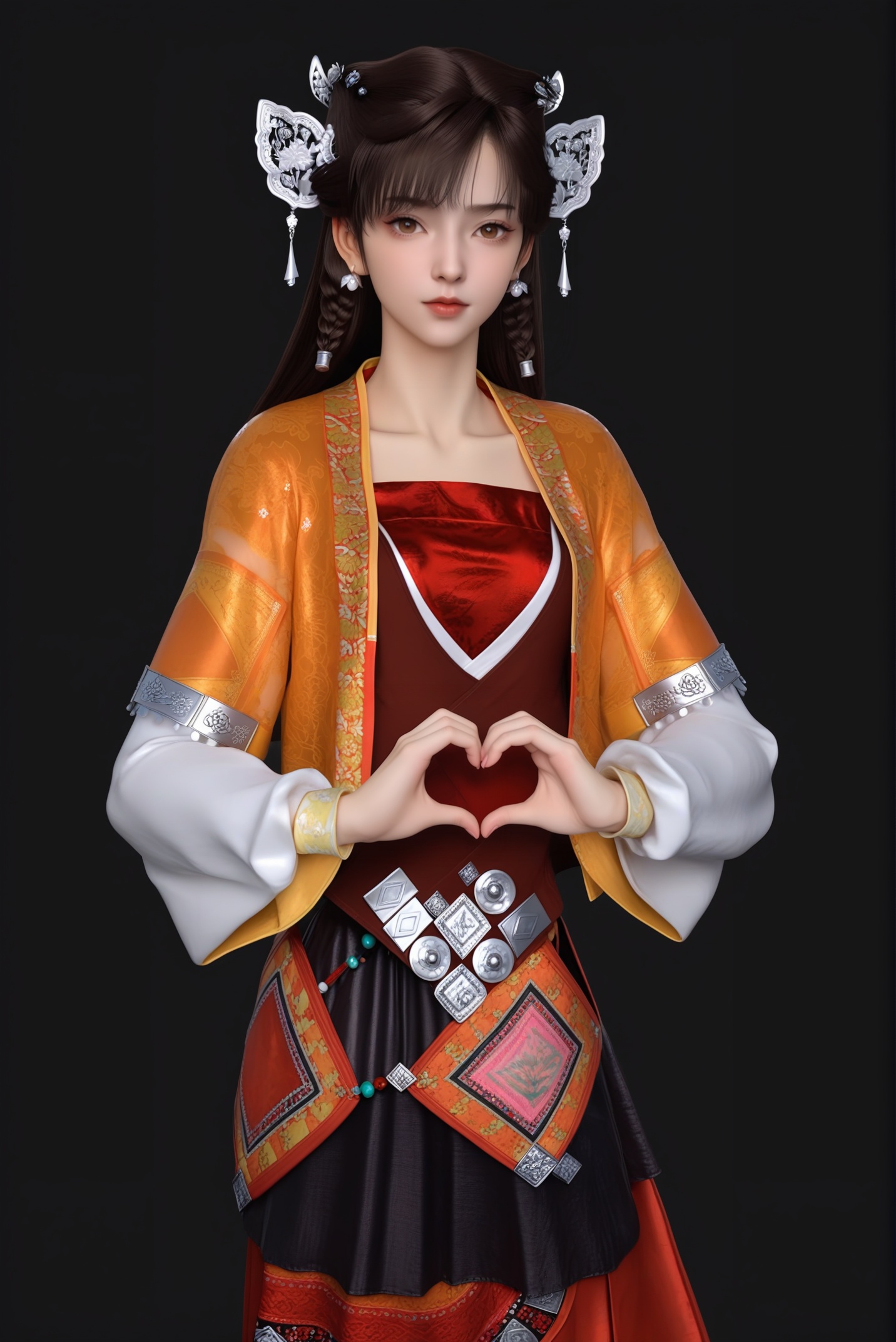 (score_9),xuejian,<lora:雪见-pony:0.85>,1girl,solo,dangling tassels,filigree design,butterfly-shaped hairpiece,silver hairpins,hair ornament,dark brown hair,pearl beads,pearl earrings,twin braids,long hair,light blush,brown eyes,layered_dress,short jacket,red tube top,puffed sleeves,white inner sleeves,waist belt,embroidered cuffs,red skirt,traditional chinese footwear,standing,(pleated skirt),black skirt,red long_skirt,black short_skirt,collarbone,looking at viewer,front view,heart,heart hands,BREAK<lora:e肤色滑块:0.6>,(white_skin:1.1),(fair_skin:1.1),realistic,<lora:皮肤凹痕:1.2>,simple background,black background,