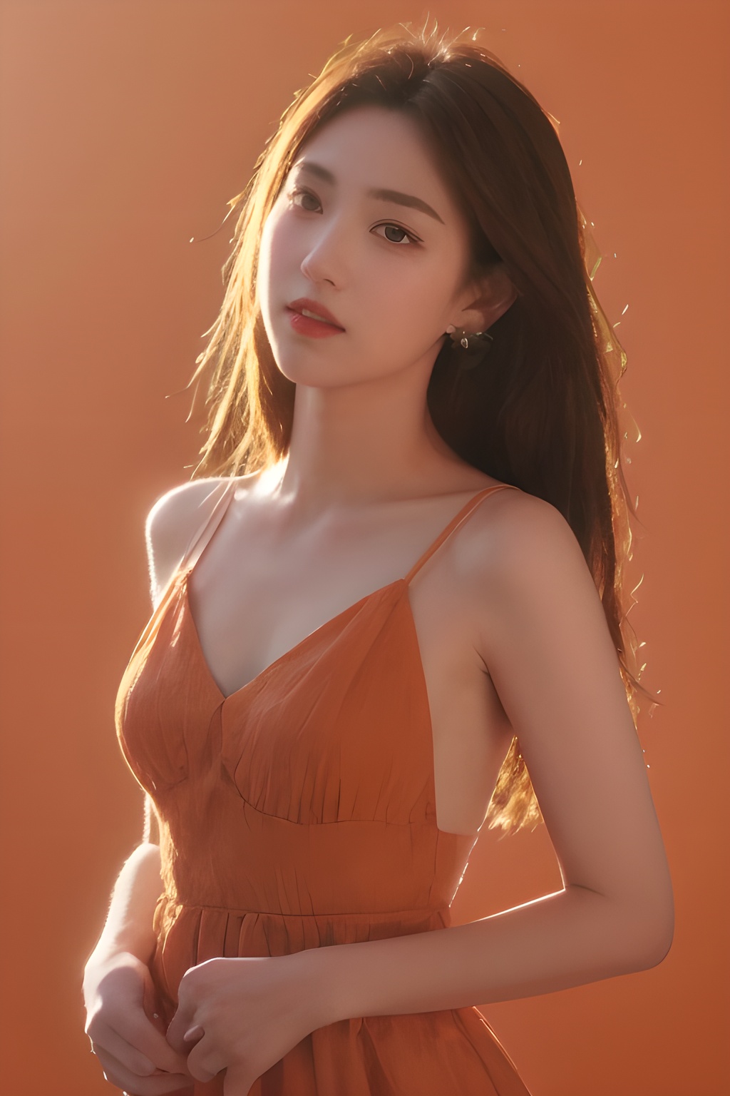 <lora:0828_04:0.4>,orange background, orange dress, 1girl,realistic,masterpiece, best quality, photorealistic, HDR,detail