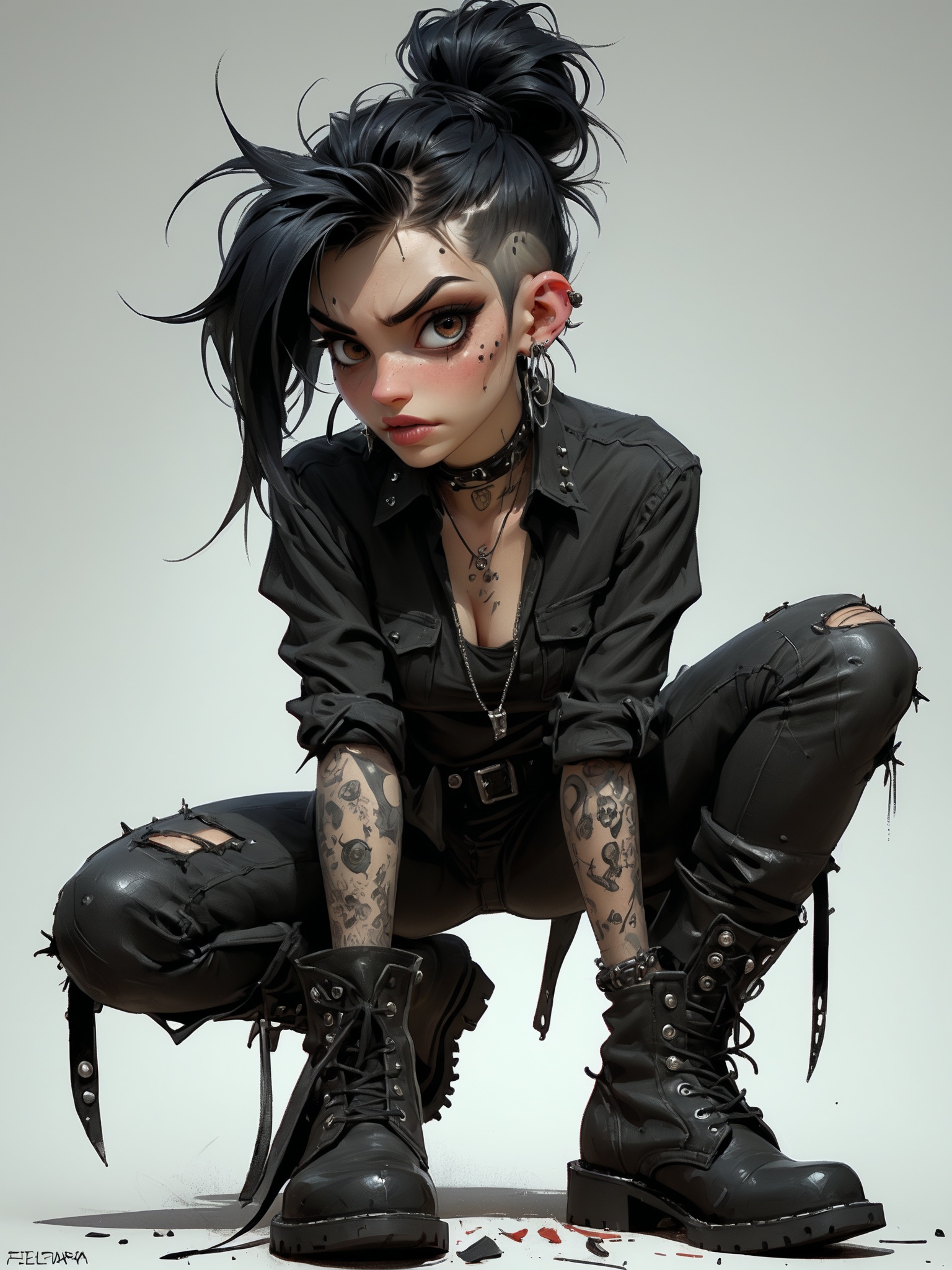 goth girl,  her messy jet black hair is pulled back in a ponytail,  the scars over her face are prominent but look old on...