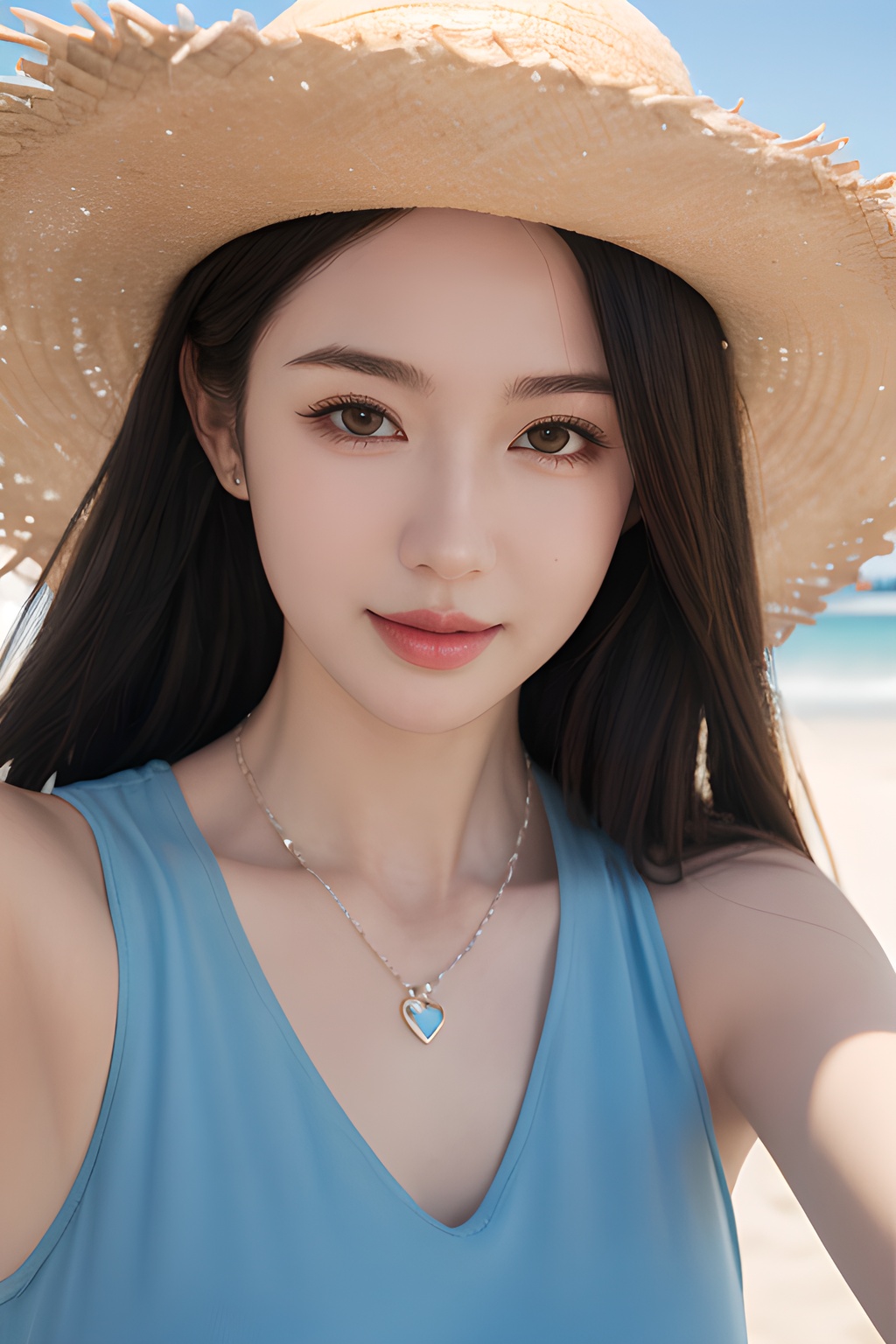 <lora:0812_03:0.7>,araffe girl with long hair wearing a straw hat and blue dress, 1girl, solo, hat, straw hat, long hair, looking at viewer, necklace, jewelry, heart necklace, smile, heart, brown hair, bangs, day, beach, outdoors, upper body, black hair, sunlight, closed mouth, swimsuit, selfie, sky, ocean,, 1girl,realistic,masterpiece, best quality, photorealistic, HDR,detail