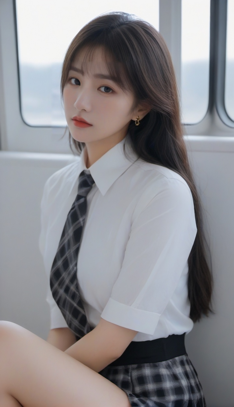 mask,long hair,1girl,mouth mask,skirt,choker,plaid,train interior,sitting,looking at viewer,shirt,jewelry,plaid skirt,breasts,socks,white shirt,ring,black hair,white mask,straight hair,black eyes,fingernails,piercing,long sleeves,collared shirt,brown skirt,thighs,solo focus,bangs,hand on own thigh,sleeves past wrists,shirt tucked in,black choker,shoes,miniskirt,hand on own leg,parted bangs,from side,black footwear,<lora:meinv189:1>,<lora:20230922-1695357763221:0.5>,(breast:1.8),<lora:molixl3:0.2>,