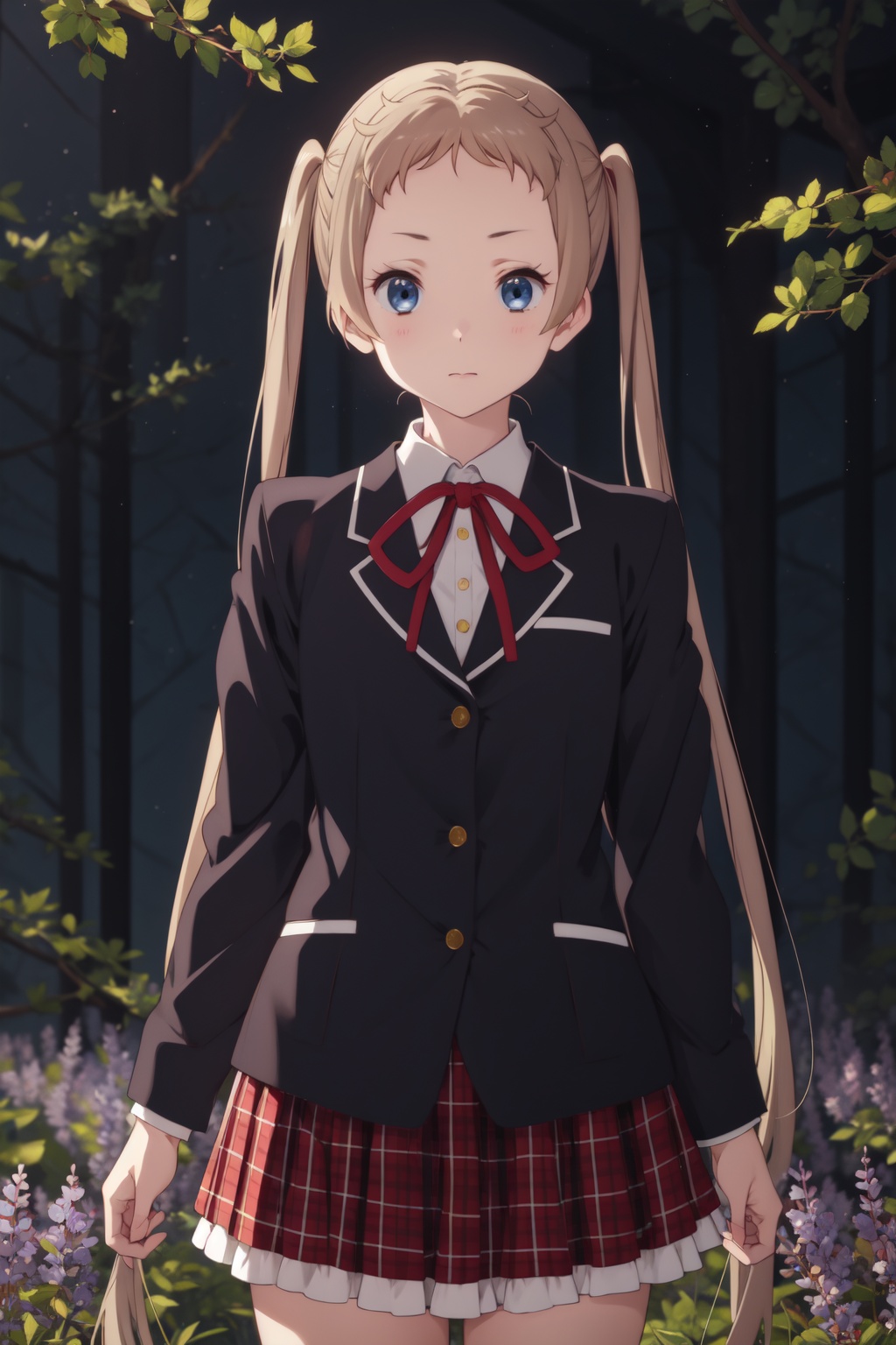 <lora:Sanae-000014:0.8>,Sanae CYQL,1girl,looking at viewer,solo,blonde hair,very long hair,long hair,twintails,brown hair,blue eyes,school uniform,ribbon,jacket,skirt,plaid skirt,plaid,Tsundere,portrait,Forest, Bluebells, Trees, Flowers, Spring, Colors, Serenity, Beauty,(Orchid display, Tropical plants, Succulents, Humid air, Glass ceiling, Controlled lighting:0.5),beautiful detailed sky,beautiful detailed glow,posing in front of a colorful and dynamic background,masterpiece,best quality,beautiful and aesthetic,contrapposto,female focus,wallpaper,