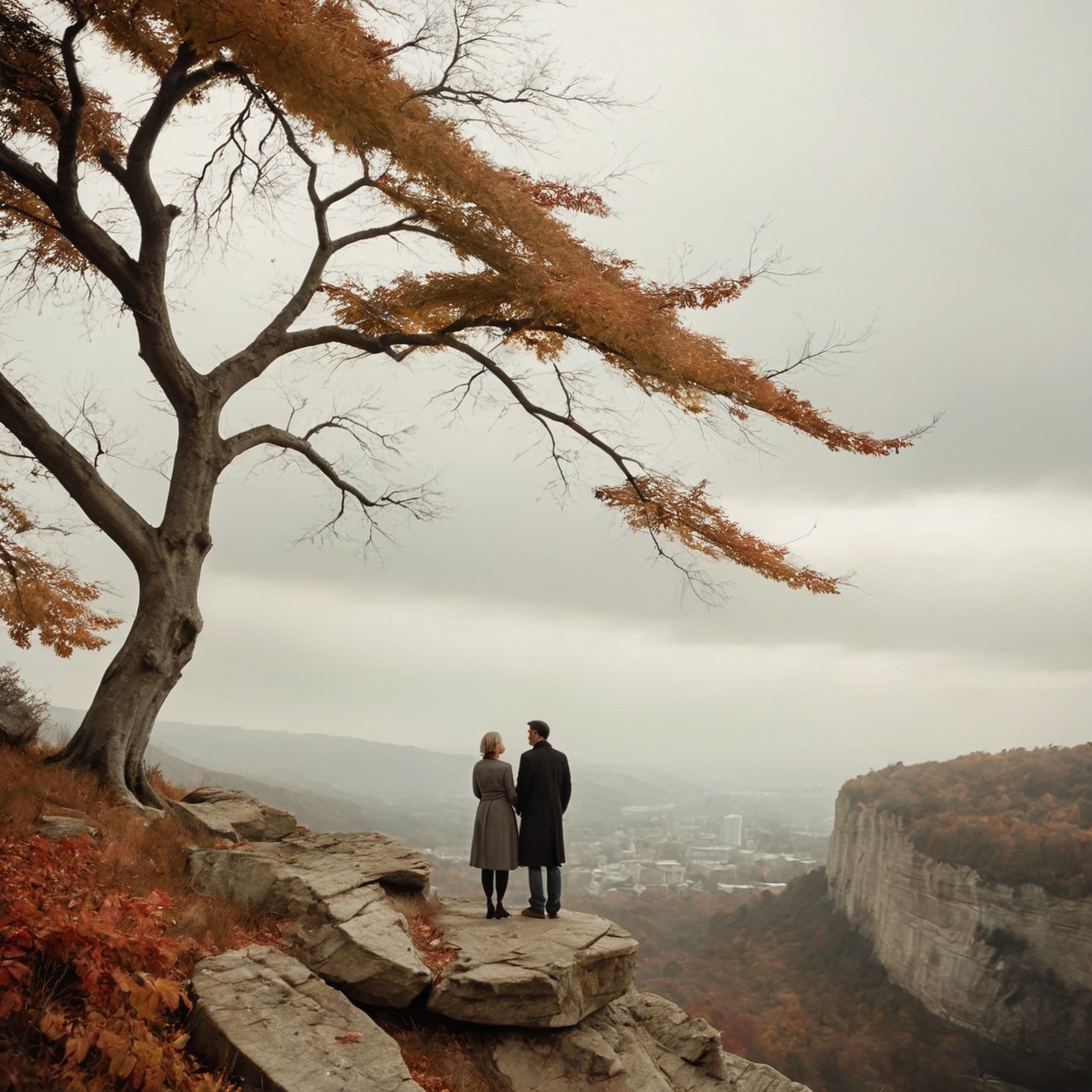 a couple standing on a high cliff under a large tree. The wind is blowing gently,  causing leaves to fall from the tree an...