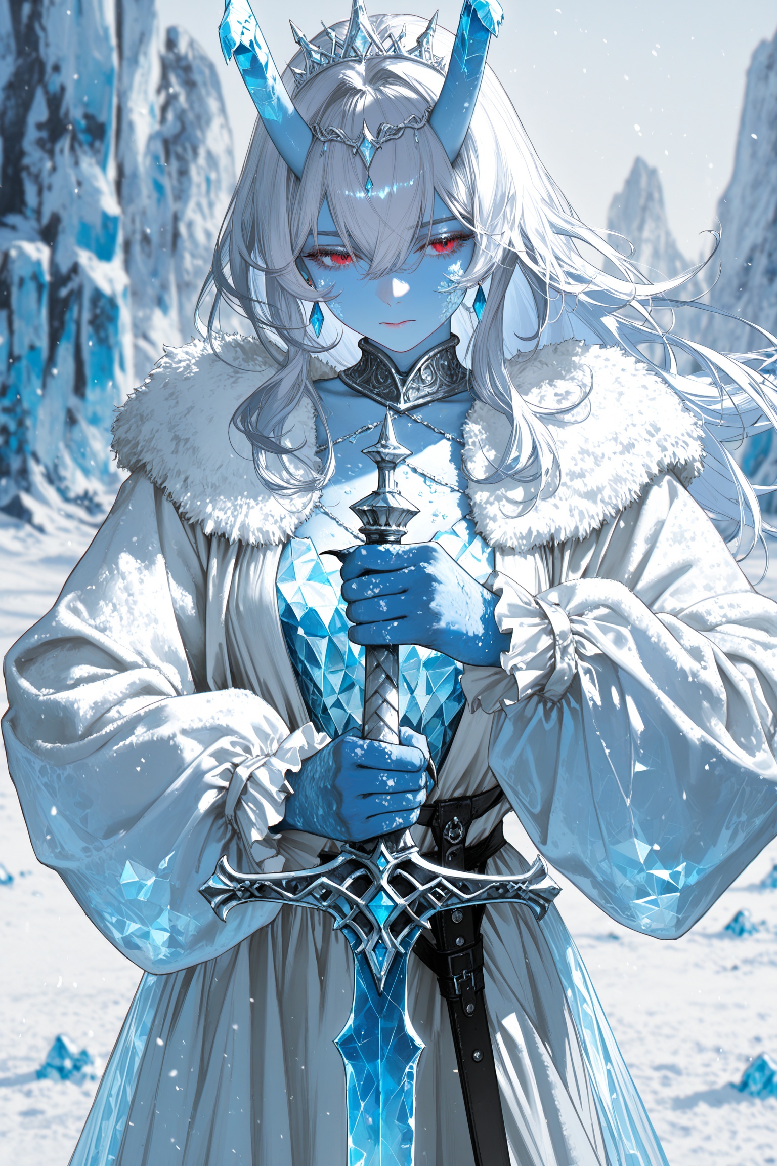 (EyesHD:1.2),(4k,8k,Ultra HD),masterpiece,best quality,ultra-detailed,very aesthetic,depth of field,best lighting,detailed illustration,detailed background,beautiful face,beautiful eyes,soft lighting,bloom effect,detailed background,cute girl,eyelashes,1Girl,colored skin,ice dragon girl,(blue skin:1.3),broken asymmetrical dragon horns,ridged horns,scales on skin,scales on neck merging in to her skin,claws,exhaling beath,BREAKlauma \(genshin impact\),solo,long hair,silver hair,long sleeves,hair ornament,holding,hair between eyes,closed mouth,jewelry,upper body,weapon,sidelocks,earrings,alternate costume,holding weapon,holding sword,white traditional inuit cloth,golden lining on cloth,amauti,wearing a traditional inuit perker made from animal hide,vibrant frosty background,silver tiara,facing viewer,sheath,scabbard,unsheathing,european medieval style ice sword,european frost broadsword,Arming sword,blue blade with icy texture,holding sheath,dynamic pose,long mantle,standing in a frozen tundra,dynamic pose,wide stance,(rella:1.2),(redum4:1.2) (au \(d elete\):1.2) (dino \(dinoartforame\):1.1),(qiandaiyiyu:0.85),(soleil \(soleilmtfbwy03\):0.6),(godiva ghoul:0.65),(anniechromes:0.5),