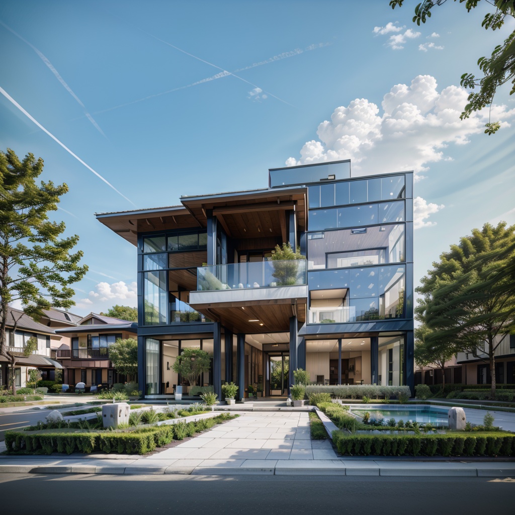jianzhuZ,outdoors,day,cloud,tree,blue sky,no humans,window,building,scenery,fence,road,bush,house,street,<lora:jianzhuZ-000008:0.8>,, masterpiece, best quality,