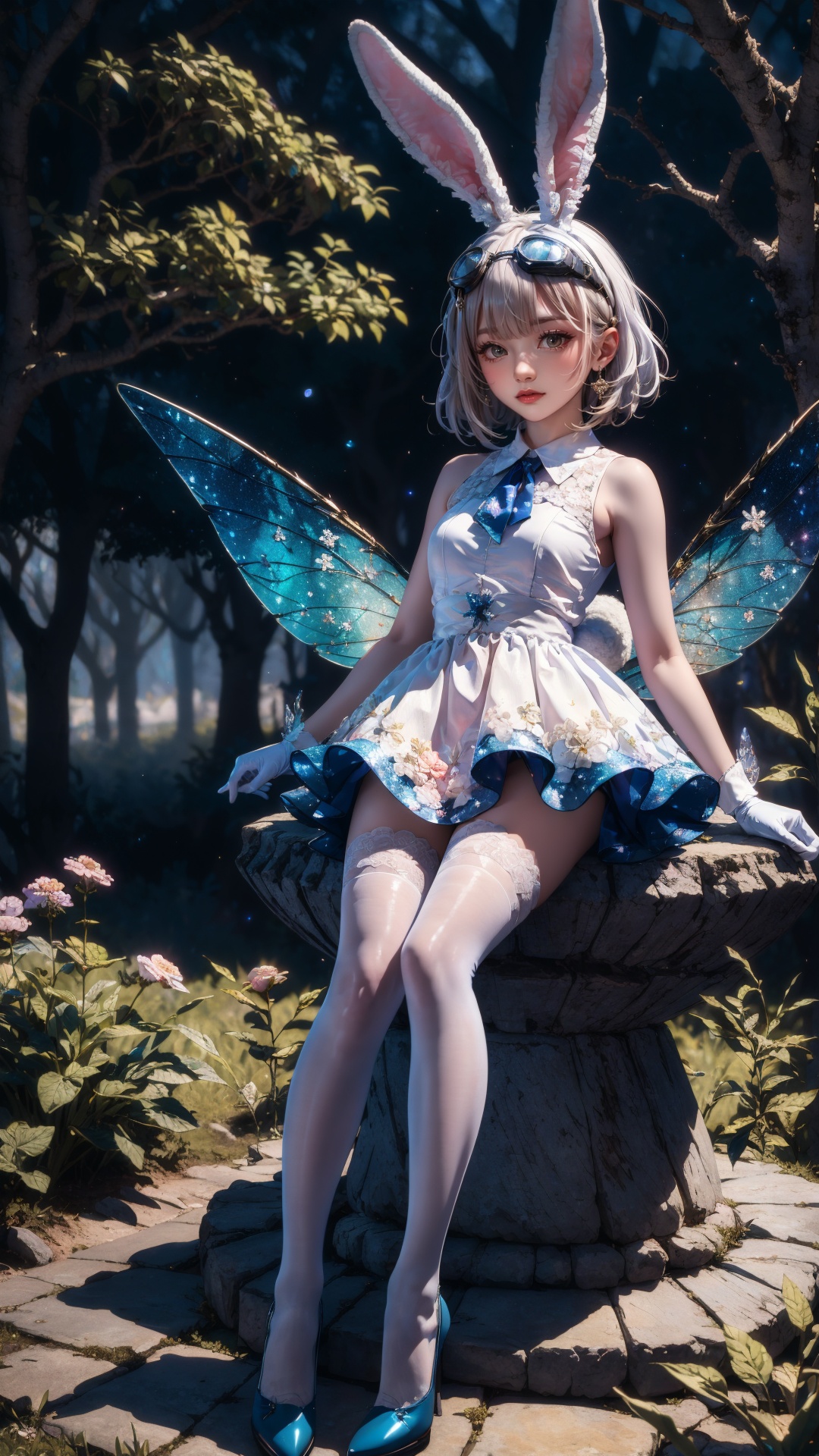 tutututu,1girl,solo,rabbit ears,white dress,white gloves,blue footwear,goggles on head,sleeveless dress,bangs,blue bow,white hair,short hair,white thighhighs,<lora:SY-000010:0.65>,Forest fairy,Van Gogh-inspired brushstrokes,swirling starry night sky,iridescent wings,ethereal glow around fairy,delicate features,enchanted woodland setting,vivid greenery,impressionistic flowers,whimsical,playful pose,sitting on a toadstool,shimmering light particles,whirls of vibrant colors,expressionistic nature elements,artistic texture and depth,soft moonlight filtering through trees,(best quality,4k,8k,highres,masterpiece:1.2),ultra-detailed,HDR,UHD,studio lighting,sharp focus,physically-based rendering,extreme detail description,professional,vivid colors,bokeh,