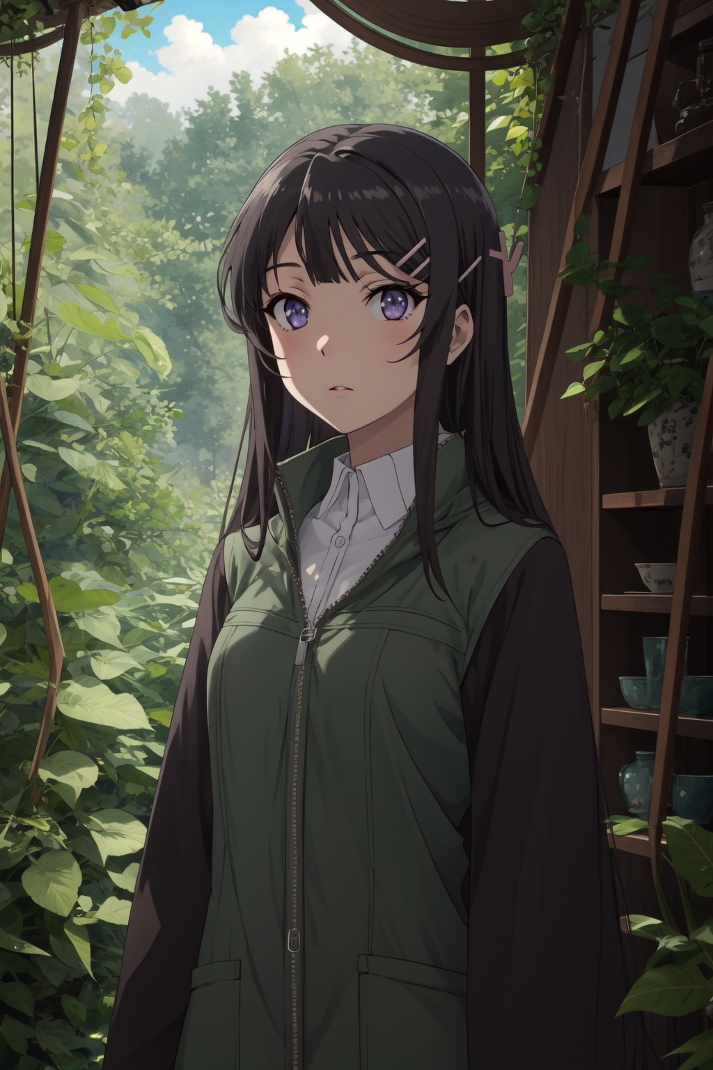 <lora:Mai-000010:0.8>,Mai CYQL,1girl,looking at viewer,solo,black_hair,long_hair,hairclip,hair_ornament,purple eyes,Oversized quilted coat with a zip-up front and a high collar for added warmth,grin,panorama,Rainforest, Trees, Foliage, Undergrowth, Waterfall, Humidity, Wildlife, Canopy,(Lavender rows, Purple blooms, Summer sunshine, Fragrant air, Lavender harvest, English countryside:0.5),beautiful detailed sky,beautiful detailed glow,posing in front of a colorful and dynamic background,masterpiece,best quality,beautiful and aesthetic,contrapposto,female focus,wallpaper,