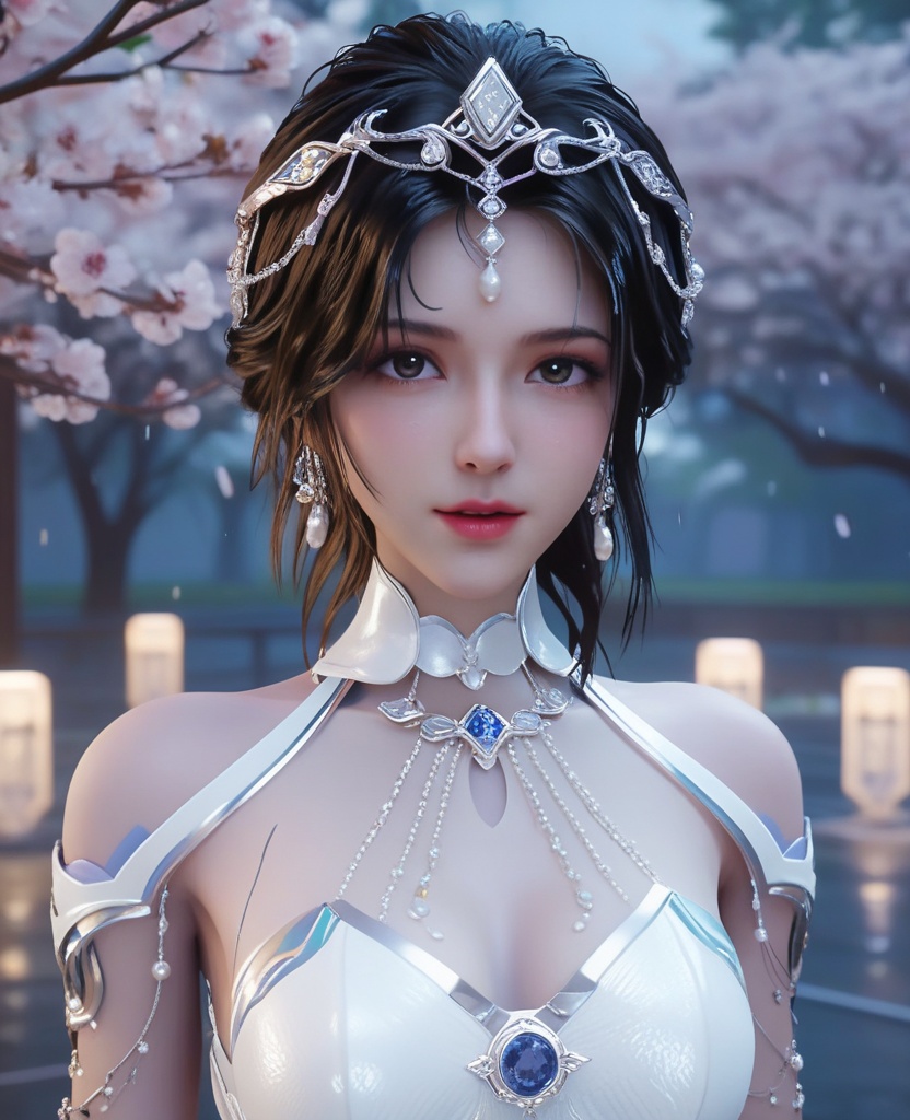 <lora:613-DA-XL-神印王座-白玥:0.8>(,1girl, ,best quality, ),looking at viewer, ,ultra detailed 8k cg, ultra detailed background,  ultra realistic 8k cg,          cinematic lighting, cinematic bloom, (( , )),,  , unreal, science fiction,  luxury, jewelry, diamond, pearl, gem, sapphire, ruby, emerald, intricate detail, delicate pattern, charming, alluring, seductive, erotic, enchanting, hair ornament, necklace, earrings, bracelet, armlet,halo,masterpiece, (( , )),, realistic,science fiction,mole, ,cherry blossoms,(((, , ultra high res, (photorealistic:1.4), raw photo, 1girl, wet clothes, rain, sweat, ,wet, )))(( , ))   (cleavage), (),