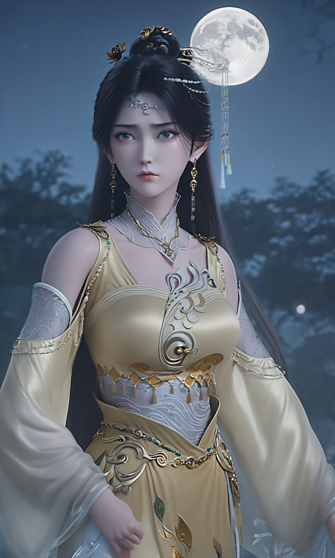 Gillian, Gillian-type woman with black long straight hair wearing golden JPE-type Hanfu,upper body,pitiful expression,best quality,cool tone,masterpiece,highly detailed,<lora:国漫千幻 诛仙-金瓶儿>,white soft light,moon,