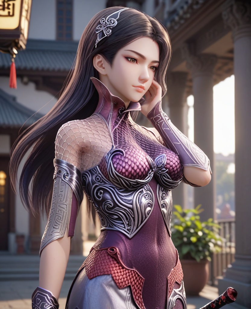 (oriental architecture, elegant decor, sophisticated style:1.1),(hands on cheek:1.1),(breasts:1.2),<lora:XL16秦时明月惊鲵:0.95>,miss jingni,corset dress with purple topwear and silver skirt,brown eyes,black hair,long hair,detached sleeves,barrettes,black leather left shoulder cut and mesh fabric on right shoulder,side slit,fishnet pantyhose,, score_9,score_8_up,score_7_up,score_6_up,score_5_up,score_4_up,3d rendering,tag1,tag2, Cinematic Lighting,backlighting,