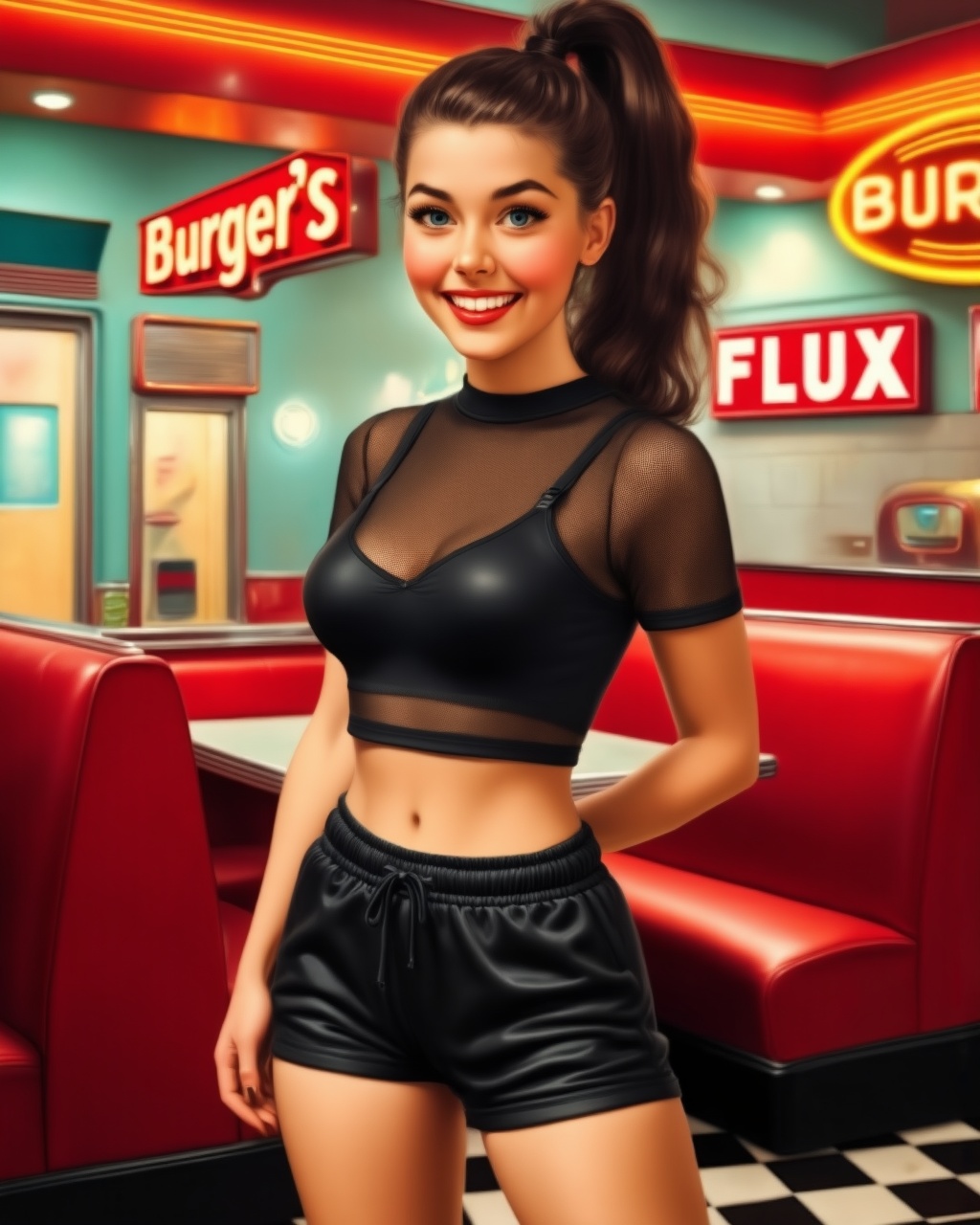 A vibrant,  retro-style photograph of a young woman standing in a diner. She wears a black,  mesh-like crop top and black...