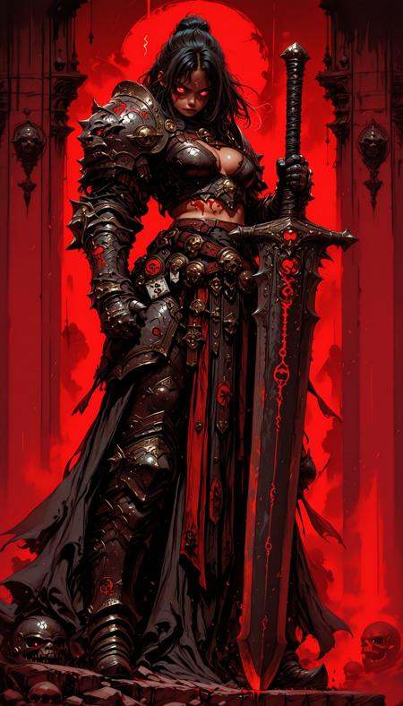 hkstyle,,    holding weapon, fighting stance, holding  buster sword,huge weapon,,  fantasy anime style, anime artwork, official art, highly detailed, vibrant colors, magical atmosphere, digital painting, ethereal glow, soft shadows, cinematic lighting masterpiece, best quality, high quality, ultra-detailed, realistic,  traditional media, western comics \(style\) ,limited palette, partially colored, vivid_color, high contrast, speed lines, sound effects, move_effects, action Create a dark, gothic-style artwork featuring a heavily armored figure. The figure stands prominently in the center, holding a large, ornate sword with red glowing eyes. The armor is dark, with intricate designs and textures, and the figure's skin appears to be a pale, almost ghostly color. The background is a deep, smoky red, which contrasts with the dark tones of the armor and sword. The overall mood of the image is intense and foreboding, with a sense of danger and power. The scene is captured from a frontview angle, focusing on the full body of the figure. 1girl, solo, breasts, red_eyes, holding, cleavage, standing, weapon, sword, holding_weapon, armor, blood, holding_sword, helmet, shoulder_armor, gauntlets, red_background, pauldrons, full_armor, greatsword, hkstyle,,    holding weapon, fighting stance, holding  buster sword,huge weapon,,  fantasy anime style, anime artwork, official art, highly detailed, vibrant colors, magical atmosphere, digital painting, ethereal glow, soft shadows, cinematic lighting