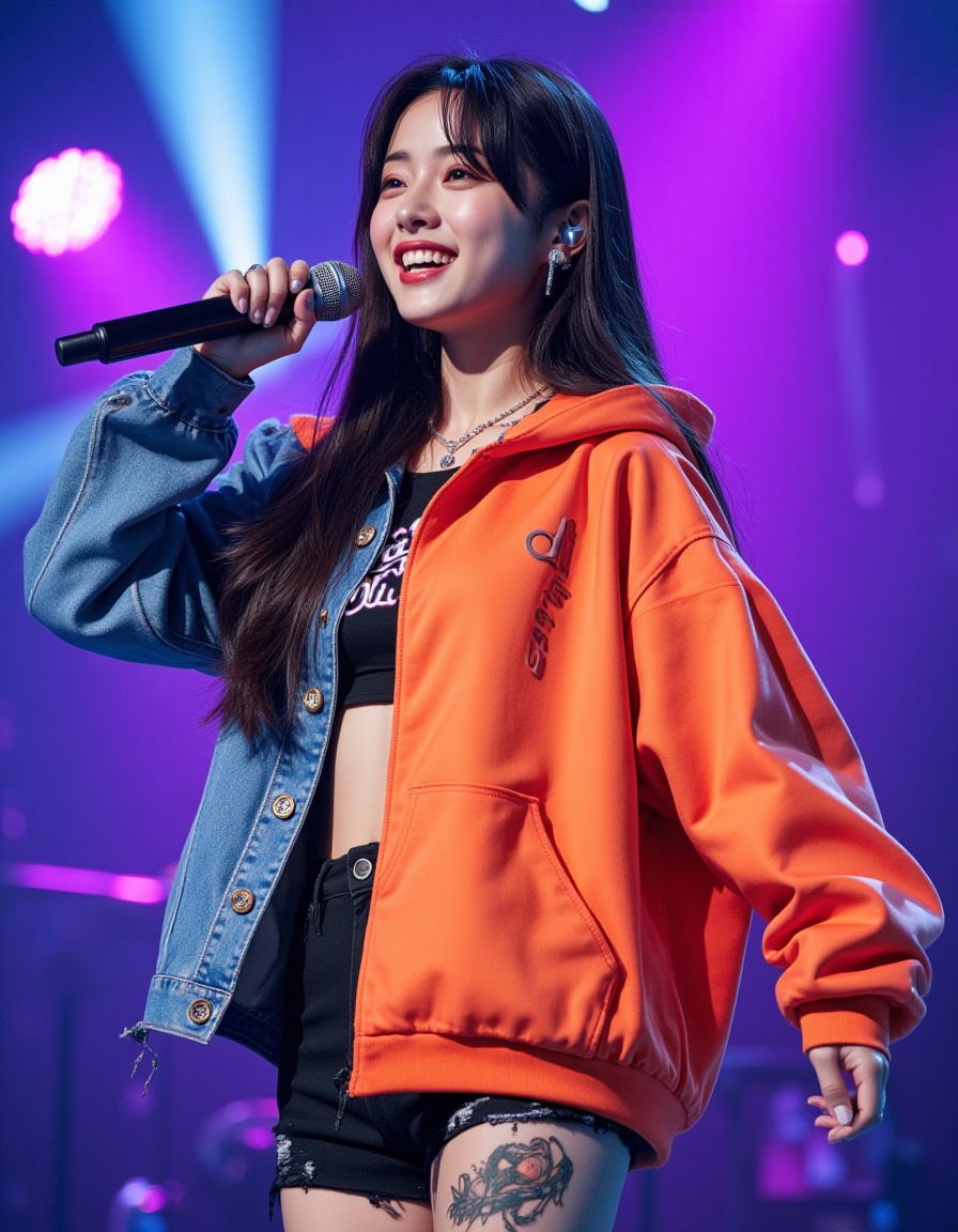 Charming and fashion-forward South Korean young woman performing on stage; wearing vibrant street style outfit(e.g., bright oversized hoodie or slim-fit denim jacket with unique patterns) paired with trendy underlayer,perhaps with a subtle crop top hint; she is singing into a sleek wireless ear microphone (earpiece clearly visiblebut integrated look), lips slightly parted in song, eyes sparkling and showing a playful, mischievous smile thathints at her personality; dynamic pose on the stage floor or small platform, surrounded by spotlights creatingdramatic highlights and shadows; background focuses on an abstract stage design with glowing elements or vibrantcolorful lights; overall aesthetic is modern K-Pop idol style meets street fashion, conveying confidence, energy,and a fun vibe through detailed illustration.