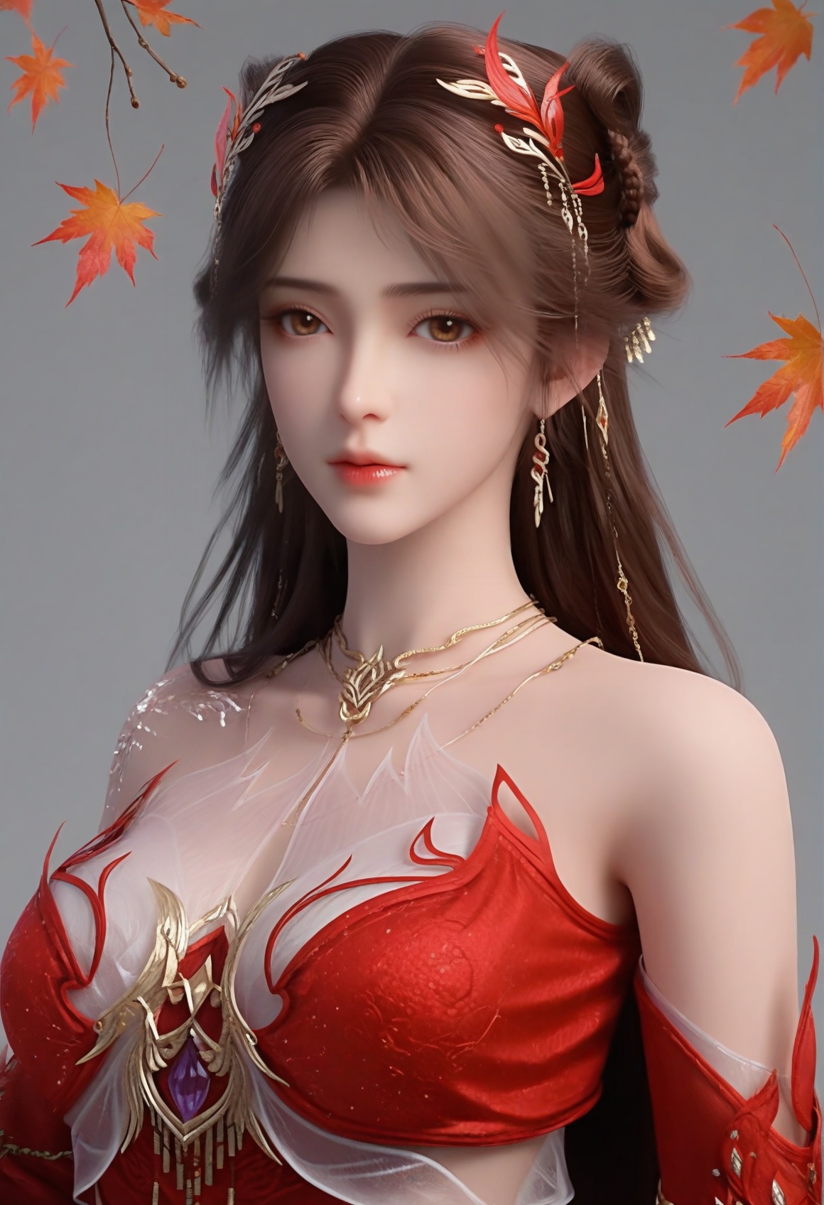 (score_9),<lora:火灵儿天神-apony-000009:0.83>,huolinger,1girl,solo,long hair,brown hair,brown eyes,jewelry,hair ornament,necklace,red dress,earrings,detached sleeves,clothing cutout,gold accents,front view,looking at viewer,light blush,(stretch:1.1),hand_gesture,(middle_finger:1.2),BREAK<lora:Expressive_H-000001:0.8>,collarbone,(glamor:1.2),(mature_female),large breasts,pointy breasts,puffy breasts,<lora:e肤色滑块:0.35>,fair_skin,(white_skin),(Ivory_skin),BREAK<lora:SDS-XL泛光调节器_v1.0:1.2>,simple background,grey background,in autumn,grove,(maple_tree),(maple_leaf),leaf,autumn leaves,falling leaves,branch,twig,