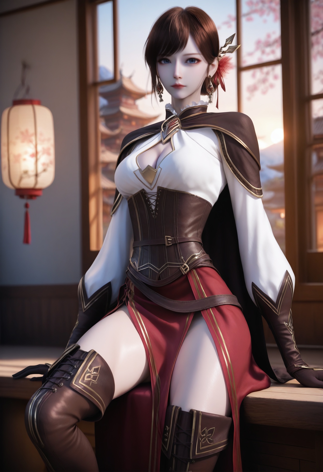 He_di,1girl,brown hair,earrings,hair ornament,jewelry,cleavage,blue eyes,blurry background,short hair,corset,cowboy shot,bangs,<lora:He_di_10_illu-000006:0.75>,cape,gloves,high heels,brown footwear,skirt,thigh boots,long sleeves,red skirt,side slit,clothing cutout,cleavage cutout,photorealistic,hyperrealistic,<lora:realistic filter [IL]:1>,(pale skin:0.7),looking at viewer,sitting,(very thin thighs,slim thighs,skinny,slender thighs:1.5),lantern,open window,looking at viewer,indoors,mountains,blossoms,flowers,east asian architecture,beautiful sunrise,warm ambient temperature,