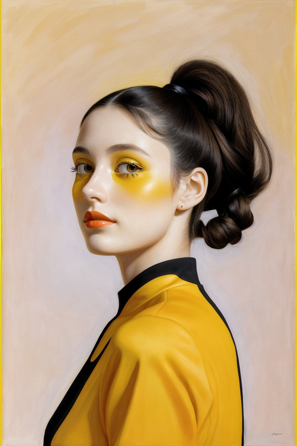 photo of a 20 years old girl,yellow and black color,futurism,realistic,by Jean Frédéric Bazille,
