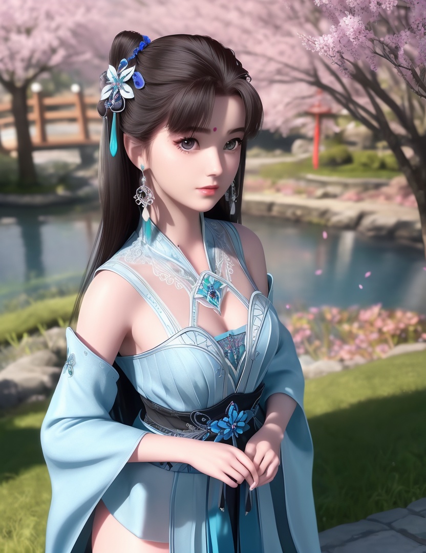 ultra realistic 8k cg, picture-perfect face, flawless, clean, masterpiece, professional artwork, famous artwork, cinematic lighting, cinematic bloom, perfect face, beautiful face, fantasy, dreamlike, unreal, science fiction,  beautiful clothes, lace, lace trim, lace-trimmed legwear,  (rich:1.4), prestige, luxury, jewelry, diamond, gold, pearl, gem, sapphire, ruby, emerald, intricate detail, delicate pattern, charming, alluring, seductive, erotic, enchanting, hair ornament, necklace, earrings, bracelet, armlet,halo((,1girl, pov,))(((,blue flower, , 1girl, tree, spring_\(season\), solo, petals, black_hair, japanese_clothes,looking at viewer, )))  <lora:DA_LanLingEr:0.6>