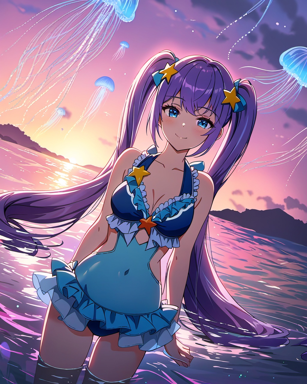 <lora:xiangwan-asoul-a3d:0.6>,ray tracing,very aesthetic,aesthetic,amazing quality,best quality,hight,hight quality,masterpiece,highres BREAKVolumetric Lighting,Cinematic Lighting,background light,moody lighting,dusk,1girl,purple hair,twintails,blue eyes,long hair,star hair ornament,blue one-piece swimsuit,blue hairband,solo,very long hair,frilled swimsuit,breasts,smile,in water,in sea,jellyfish,