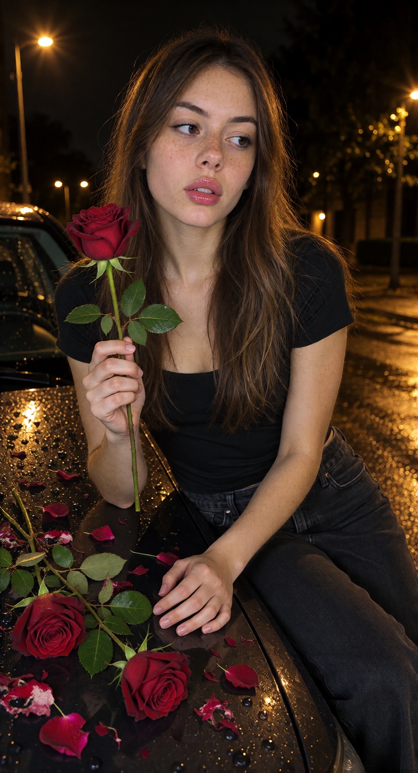 RileyX,  A candid nighttime flash photograph of RileyX sitting on the hood of a dark car,  surrounded by loose deep-red ro...