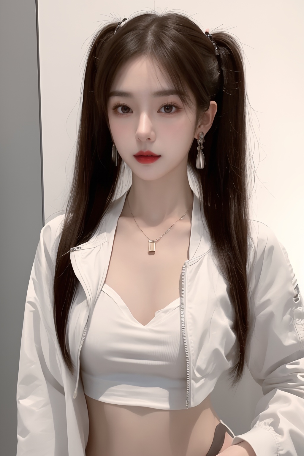 1girl, breasts, cleavage, crop top, earrings, jacket, jewelry, lips, long hair, looking at viewer, medium breasts, midriff, navel, necklace, realistic, red lips, solo, twintails, white jacket  <lora:美女1.0:1>