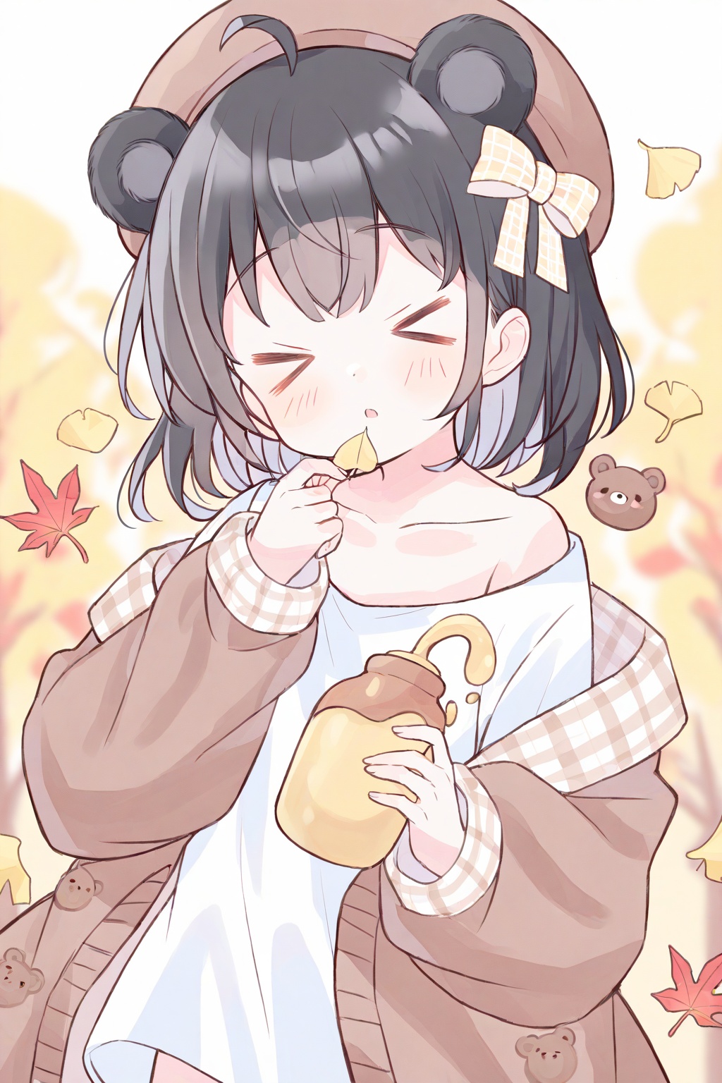 fruitsrabbit, 1girl, >_<, brown jacket, off shoulder, solo, shirt, open clothes, animal ears, brown headwear, long sleeves, bear ears, holding, leaf, jacket, white shirt, closed eyes, bow, hat, sleeves past wrists, open jacket, hair bow, ginkgo leaf, multicolored hair, autumn leaves, beret, parted lips, puffy long sleeves, plaid bow, holding leaf, puffy sleeves, plaid, ahoge, black hair, collarbone, blush, blurry background, honey, blurry, facing viewer, acorn, maple leaf<lora:fruitsrabbit-000030:0.8>,