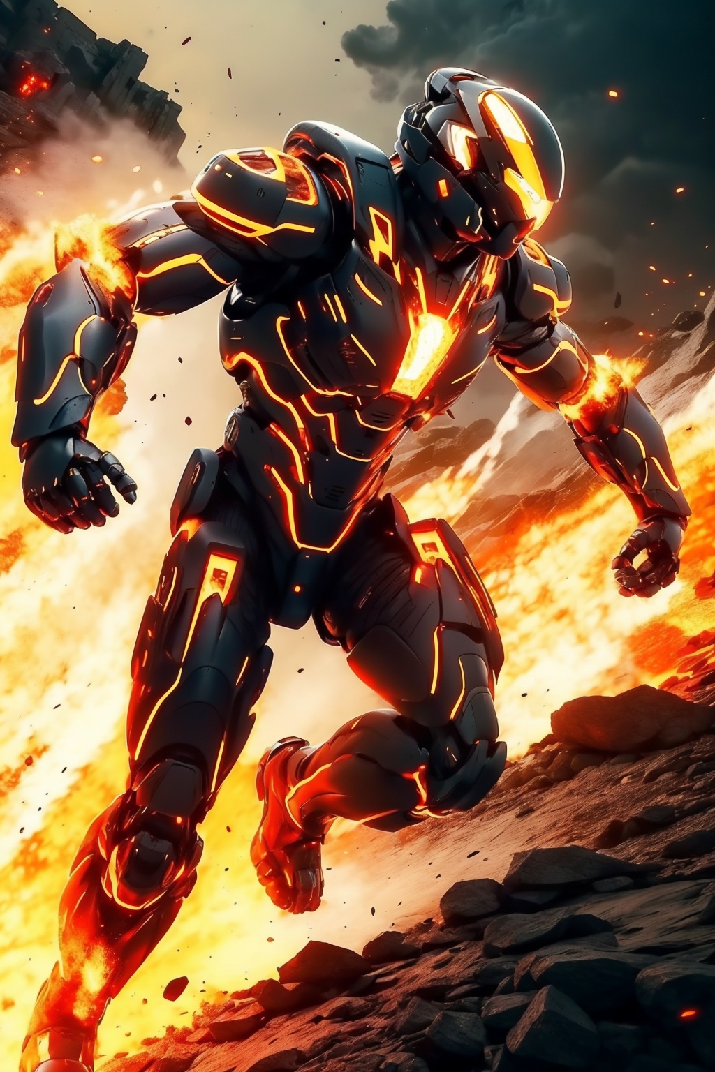 hjyfirerobot,fire,(flame:1.3),flashing lightning,chaos flame around mecha,(rush out from flame and flashing:1.2),sleek mecha,front view,robot sleek and smooth helmet,glowing gold armor,masterpiece,best quality,(highly detailed),cyborg,(full body:1.2),wide angle,(mountain background:1.2),<lora:hjyfirerobot2--000010:1>,run,