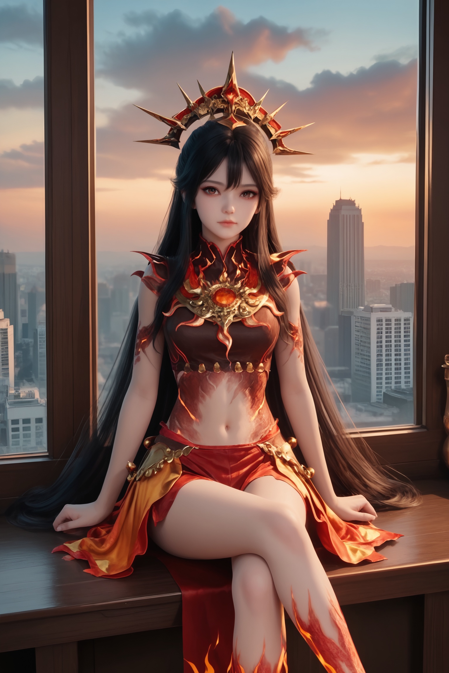score_9_up,1girl,solo,sitting,window,frills,sky,cloud,indoors,cityscape,closed_mouth,sunset,looking at viewer,<lora:牧神记-炎晶晶Pony:0.6>,long,flowing dark hair,large,ornate headdress,a minimalistic,fiery red outfit,a fiery red design,flames,sleeveless top,high collar,draped skirt.,