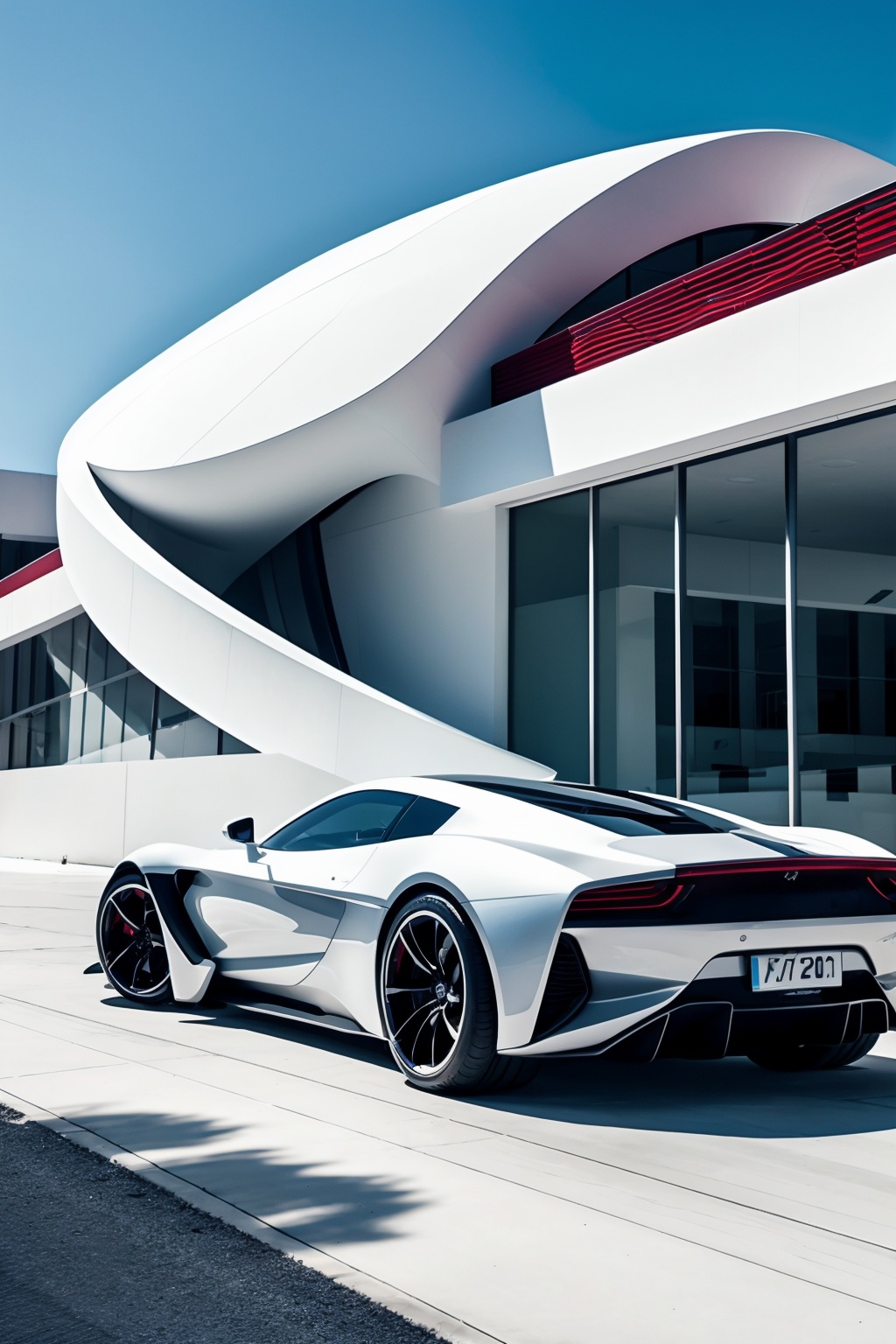 Still life photography, a sleek, modern car parked outside a futuristic-looking building. The car has a white body with a black rear section that glows in a red hue. The building has large glass windows, allowing ample natural light to flood in. The architectural design of the building is smooth, with a curved, undulating form, creating an organic and modern aesthetic, masterpiece,best quality,