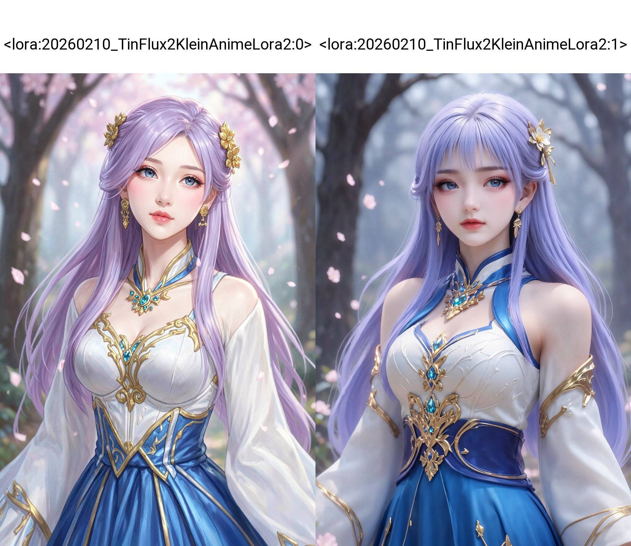 <lora:20260210_TinFlux2KleinAnimeLora2:0>, A captivating, idealized portrait of a young Asian woman, estimated age range of 18-25, presented in a refined, fantasy-inspired style. She possesses delicate facial features, including large, expressive blue eyes, a gently upturned nose, and full, subtly pink lips. Her long, flowing hair is a soft, ethereal lavender, adorned with a golden floral hairpin and intricate golden earrings. The woman is dressed in a meticulously designed traditional Chinese-inspired gown, a stunning combination of pristine white and vivid blue. The bodice is white, embellished with ornate golden details, and features an intricate neckline and sparkling blue gems. The sleeves are long and flared, with golden accents, complementing the blue skirt. The fabric appears to be silk or a similar luxurious material, with visible texture. Her pose is serene, with a slight tilt of her head, and her expression is gentle. The background presents a soft, out-of-focus forest scene, with blurred trees and floating cherry blossom petals, bathed in a diffused, atmospheric light, evoking a mystical and dreamlike mood, rendered in a painterly style. The composition is a medium shot, framing the woman from the chest up, highlighting her exquisite attire and ethereal beauty. Digital art, ultra-detailed, fantasy illustration, volumetric lighting.