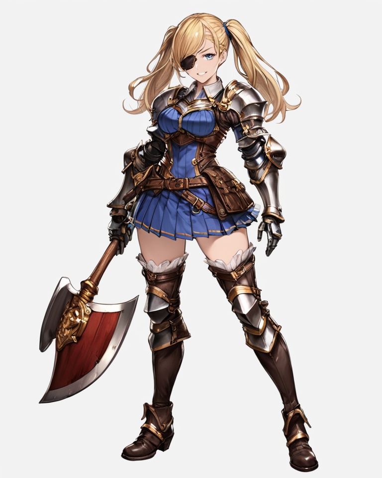 (best quality), ((masterpiece)), (highres), illustration, original, extremely detailed,1girl, solo, eyepatch, blonde hair, weapon, twintails, white background, axe, holding, smile, blue eyes, long hair, thighhighs, armor, looking at viewer, holding weapon, simple background, boots, full body, gauntlets, standing, skirt <lora:JTのGame Character XL:0.7>