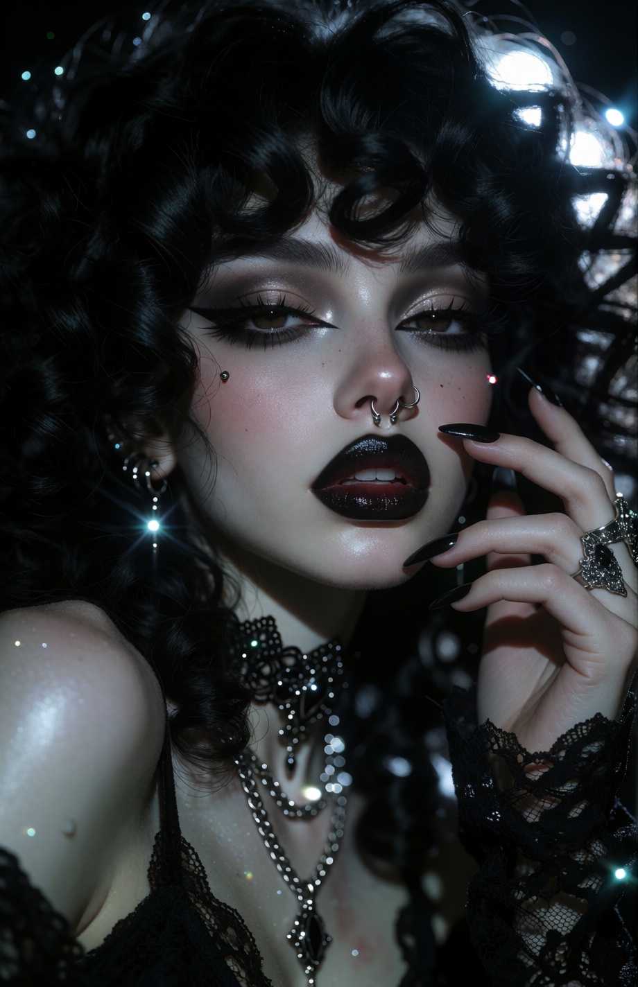 A captivating ***** woman with enormous voluminous black curls frames her face as she leans toward the camera,  gazing dir...