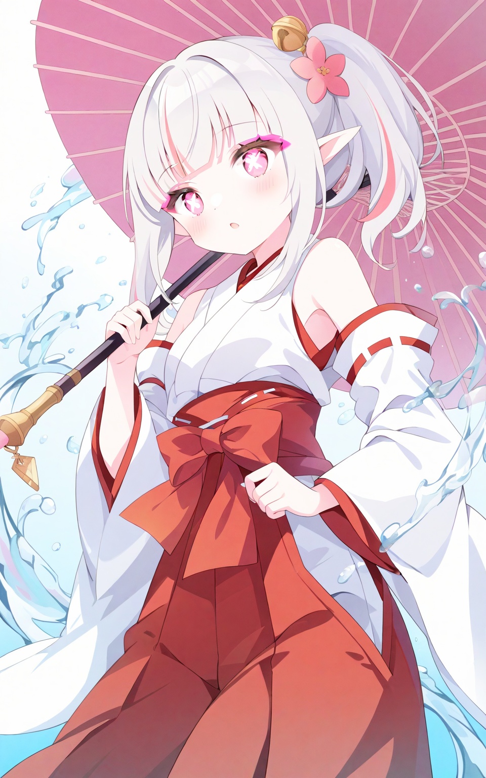 O,Noyu,Torino,0,Spring couplets,red envelopes,1girl,solo,bishoujo,elf,miko,magical_girl,white_skin,shiny_skin,fair_skin,oil,slender,white hair,silver hair,streaked hair,ponytail,Side ponytail,short ponytail,elf ears,pointy_ears,pink eyes,pink eyeshadow,glowing_eye,water_eyes,x-shaped_pupils,bare shoulders,narrow_waist,