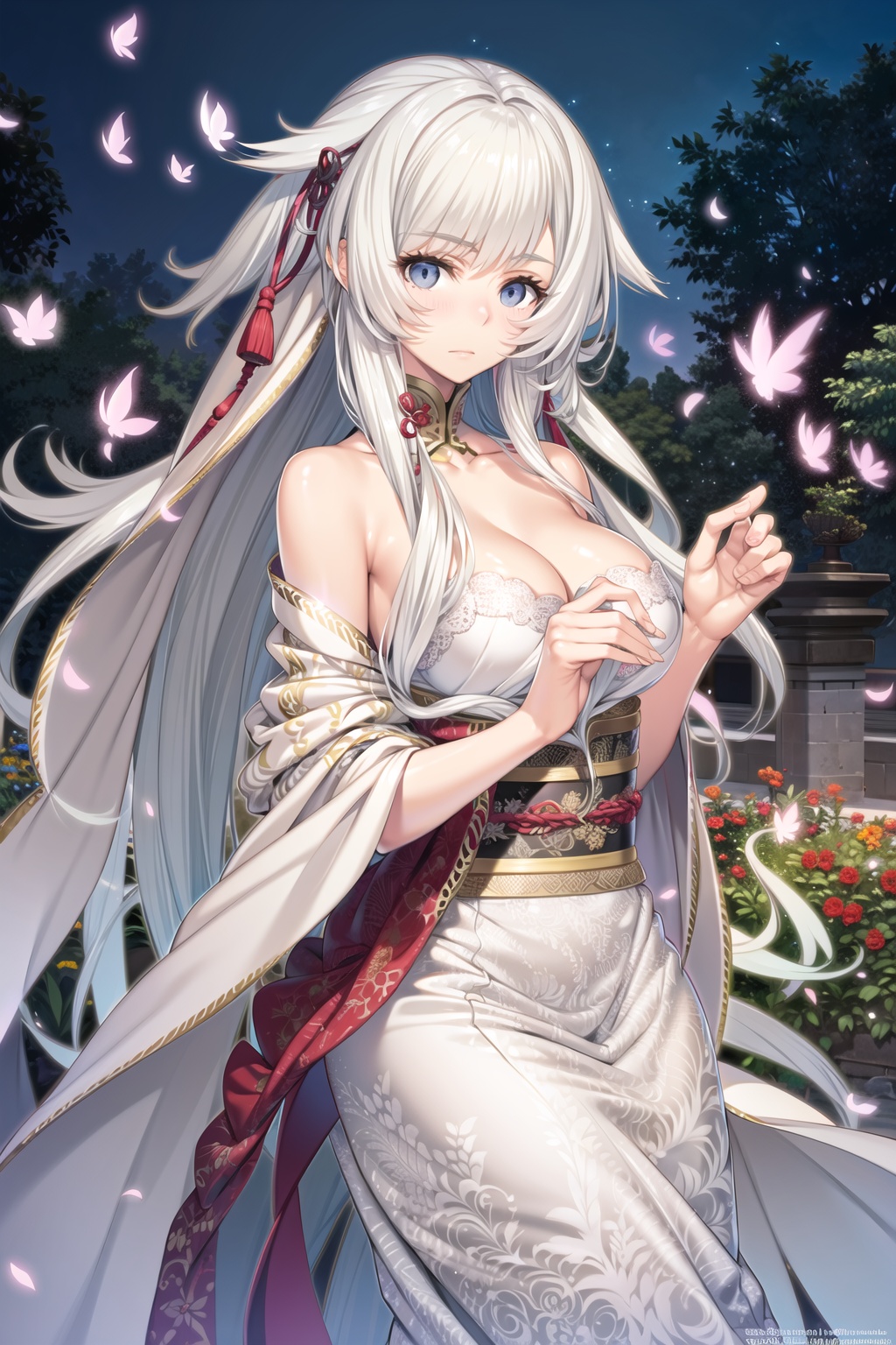 <lora:艺术家_ogin bara3-000018:1>, lace,ribbon,hanfu,(masterpiece, sidelighting, finely detailed beautiful gray eyes: 1.2), masterpiece, realistic, glowing eyes,shiny hair,white hair,long long hair, lustrous skin, solo, embarassed,Strapless,exquisite,beautifly,garden,flowers,flying petals