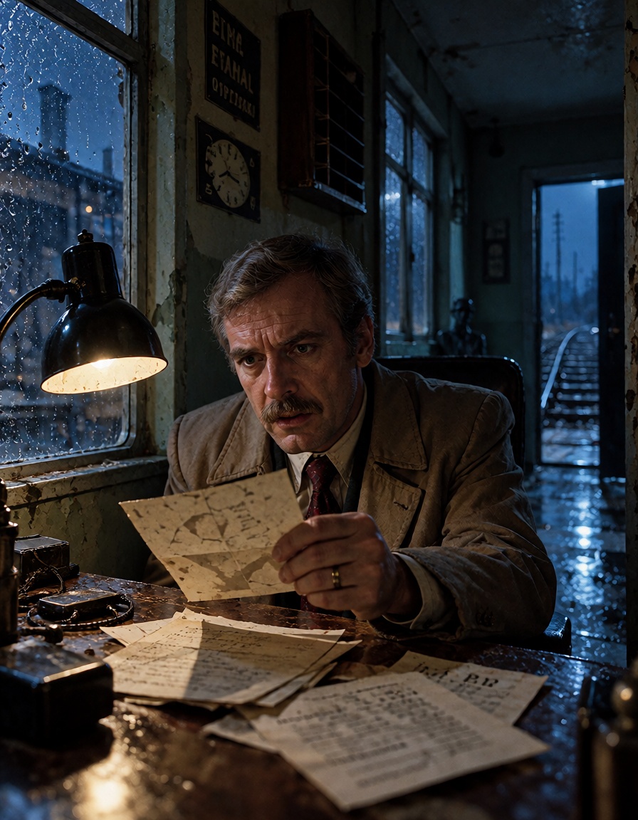 A middle-aged male detective examining a mysterious photograph inside a small abandoned railway office at midnight. An old...
